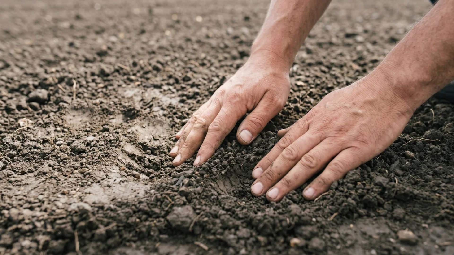 Close-up of hands working dark, tilled soil. Knowing when to plant potatoes begins with proper soil preparation.