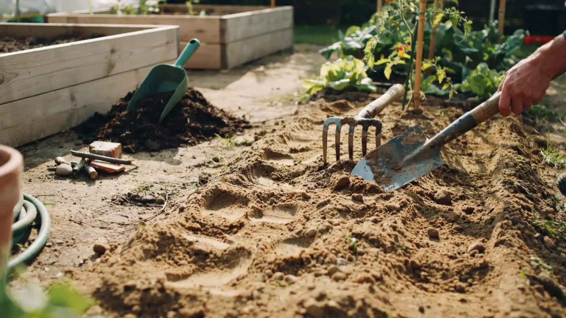 Preparing garden soil for carrot planting, including loosening and smoothing soil in a raised bed.