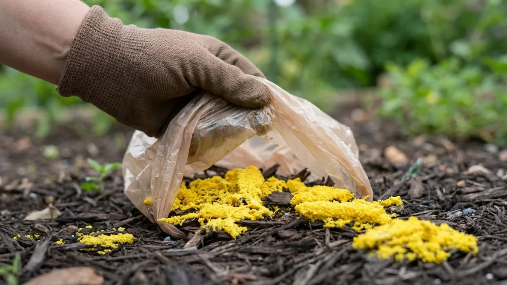Gloved hand using inside-out plastic bag technique to safely scoop bright yellow slime mold from garden mulch bed without disturbing spores or contaminating gardening tools