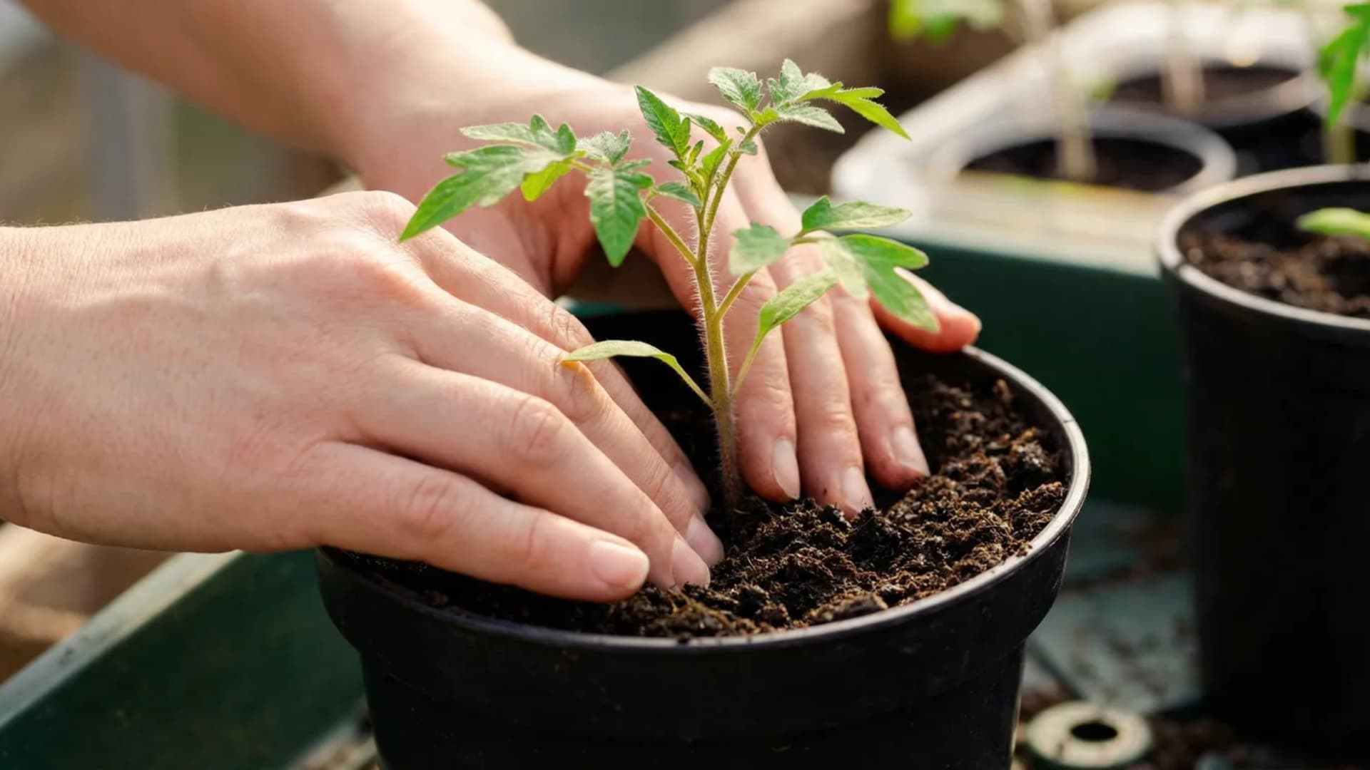 Hands gently repotting a tomato seedling into a larger pot, pressing fresh potting soil around the stem for stronger root growth