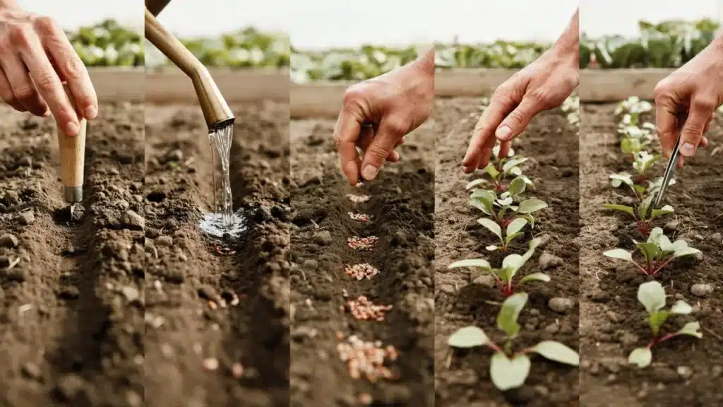 Sequence of steps: preparing soil, watering, sowing seeds, and young beetroot seedlings emerging.