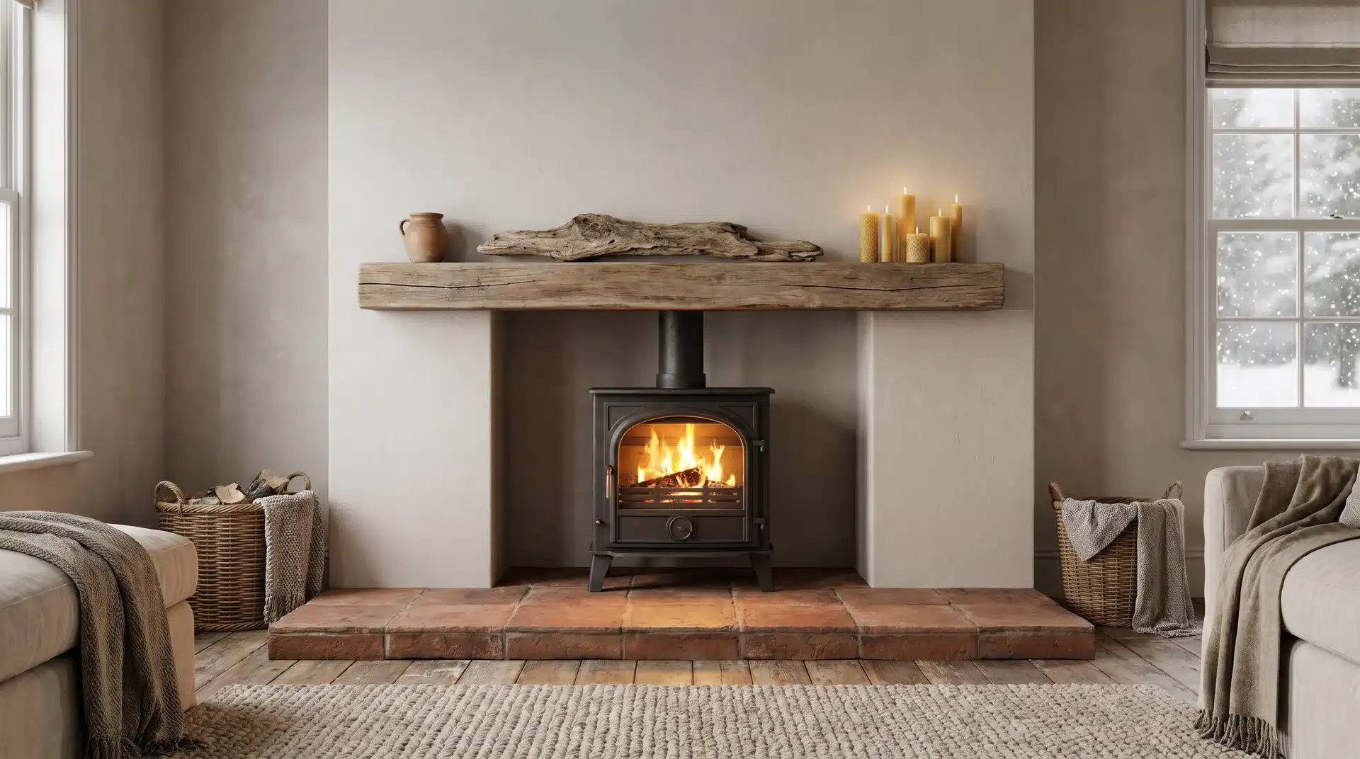 Log burner on slate hearth with low mantel decor, driftwood and candles, cozy sunlit living room with warm textures.