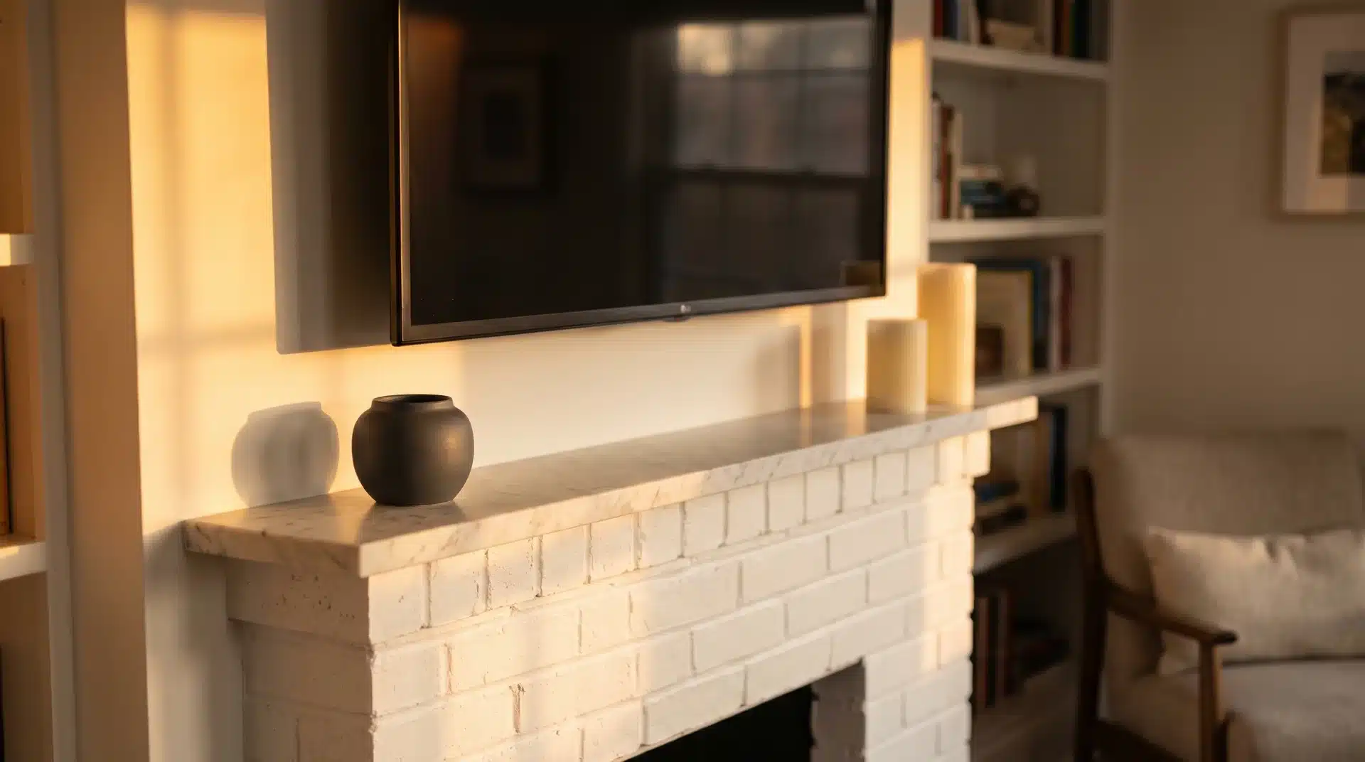 TV mounted above marble fireplace mantel styled with ceramic pot and pillar candles.
