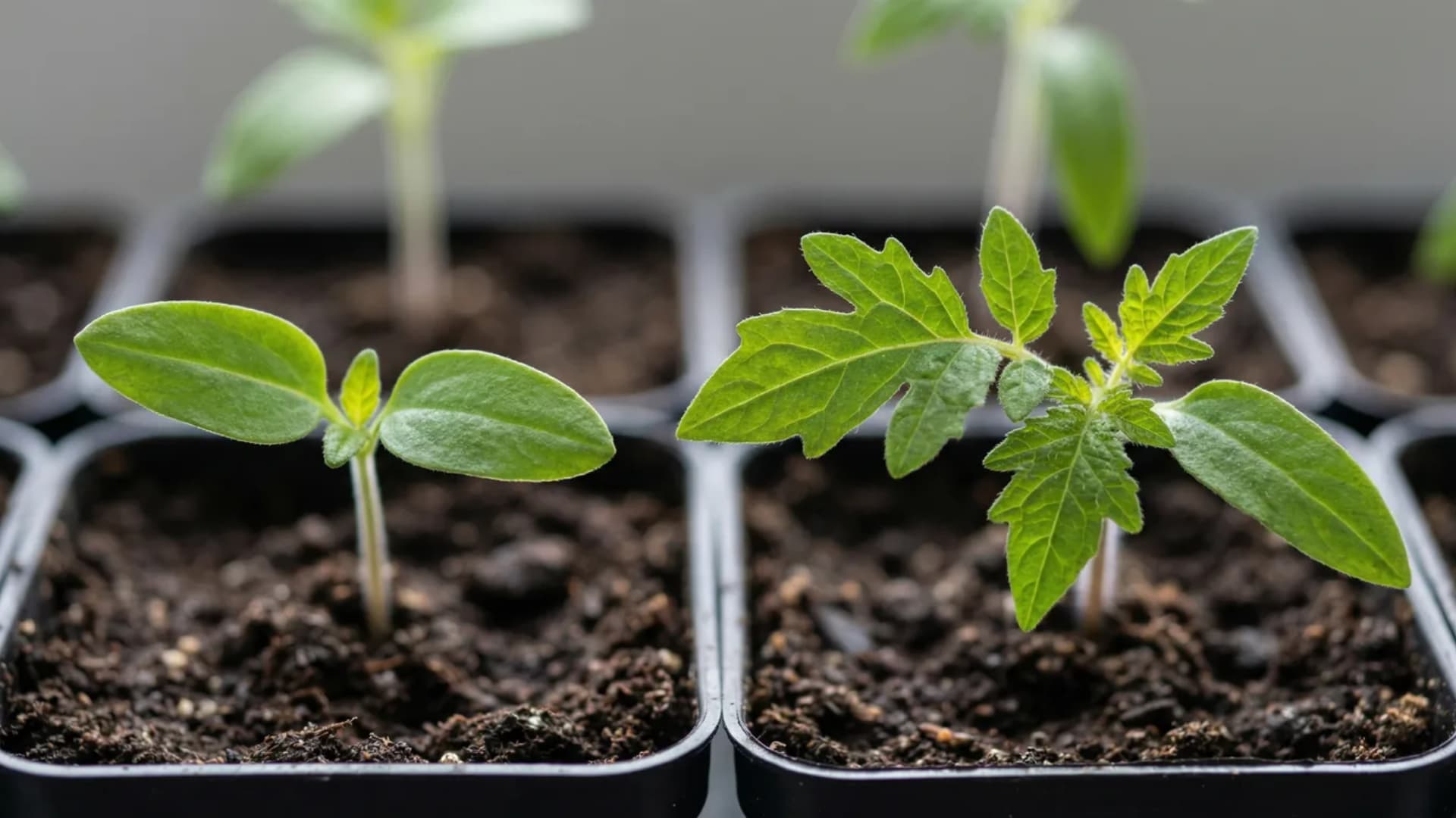 Side-by-side tomato seedlings in a seed tray showing smooth oval seed leaves on the left and serrated true leaves on the right growing in dark potting soil