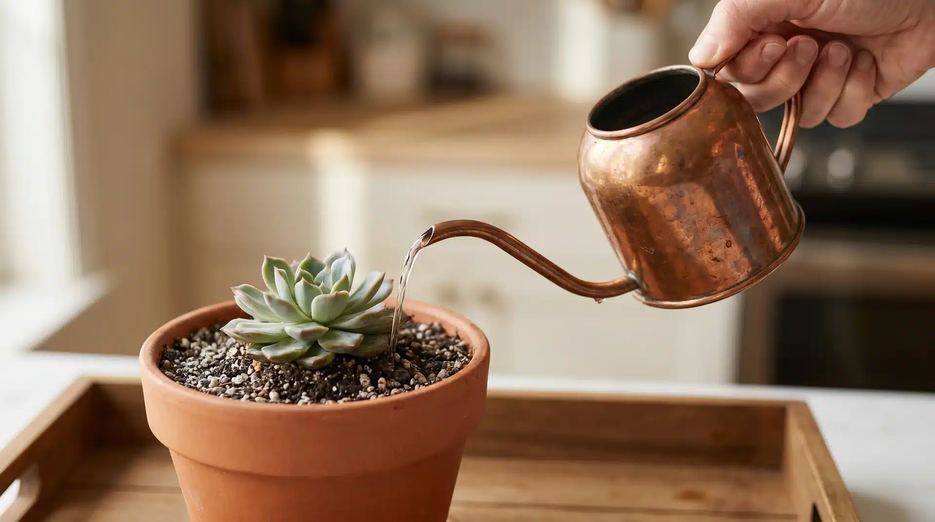 Hand pouring water from a copper watering can directly onto the soil of a potted Echeveria succulent in a terracotta pot