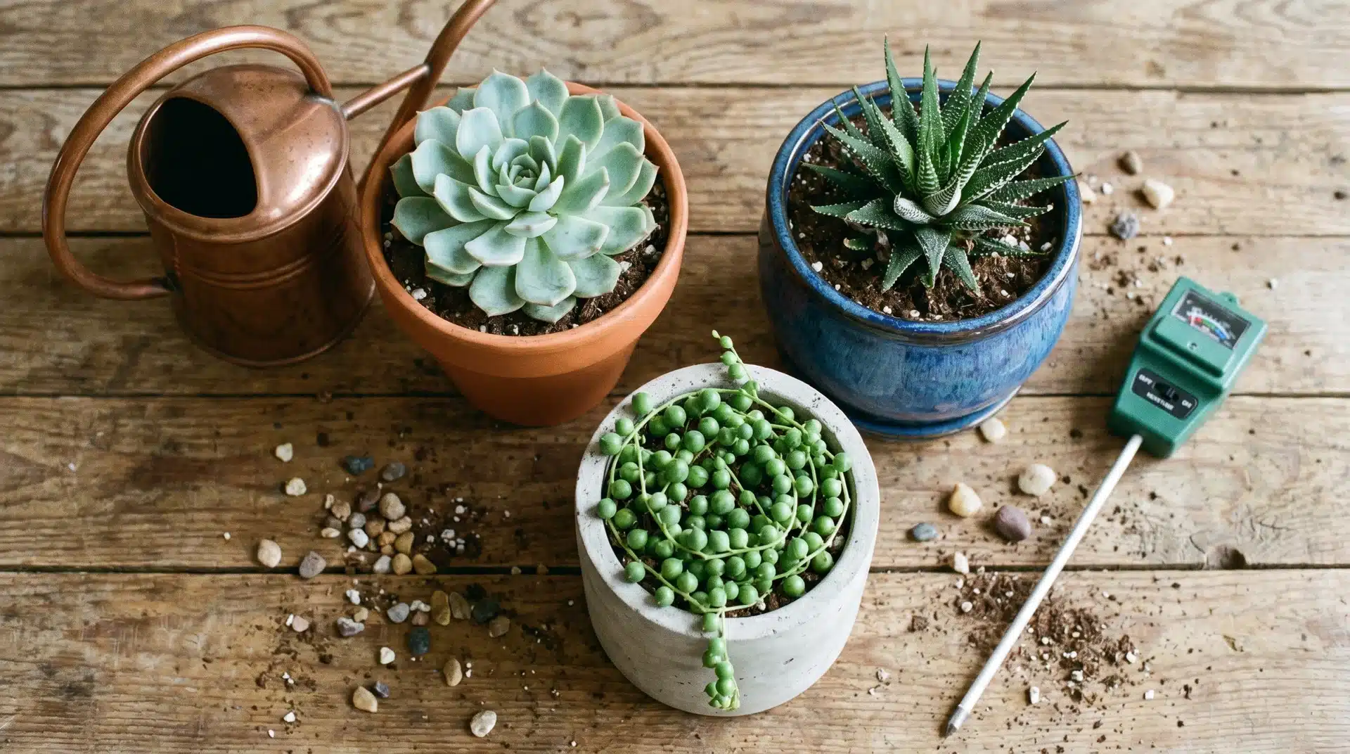 Flat-lay of three potted succulents with a copper watering can, moisture meter, and pumice pebbles on a wood surface