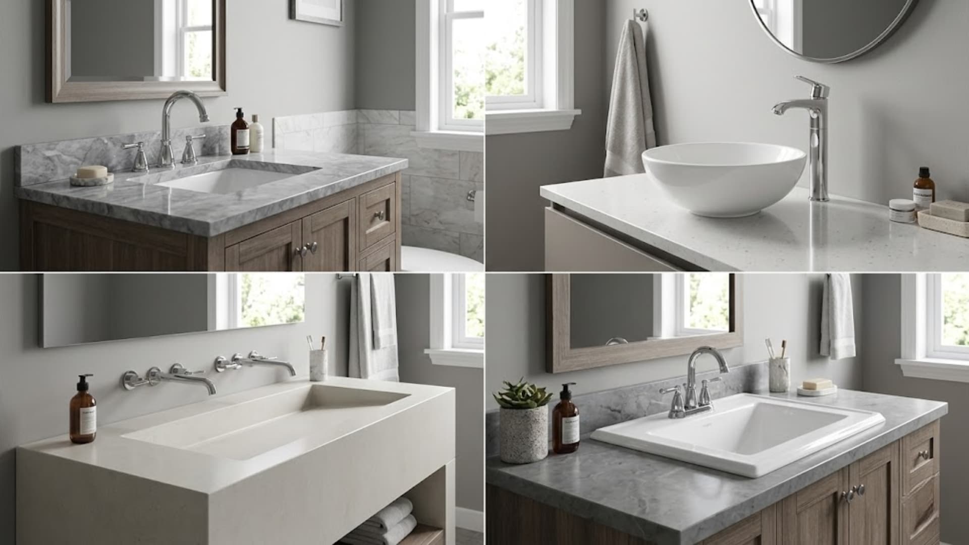 Four bathroom sink styles shown in a grid layout: top left undermount sink set, top right white vessel sink, bottom left integrated trough sink, and bottom right drop-in sink.