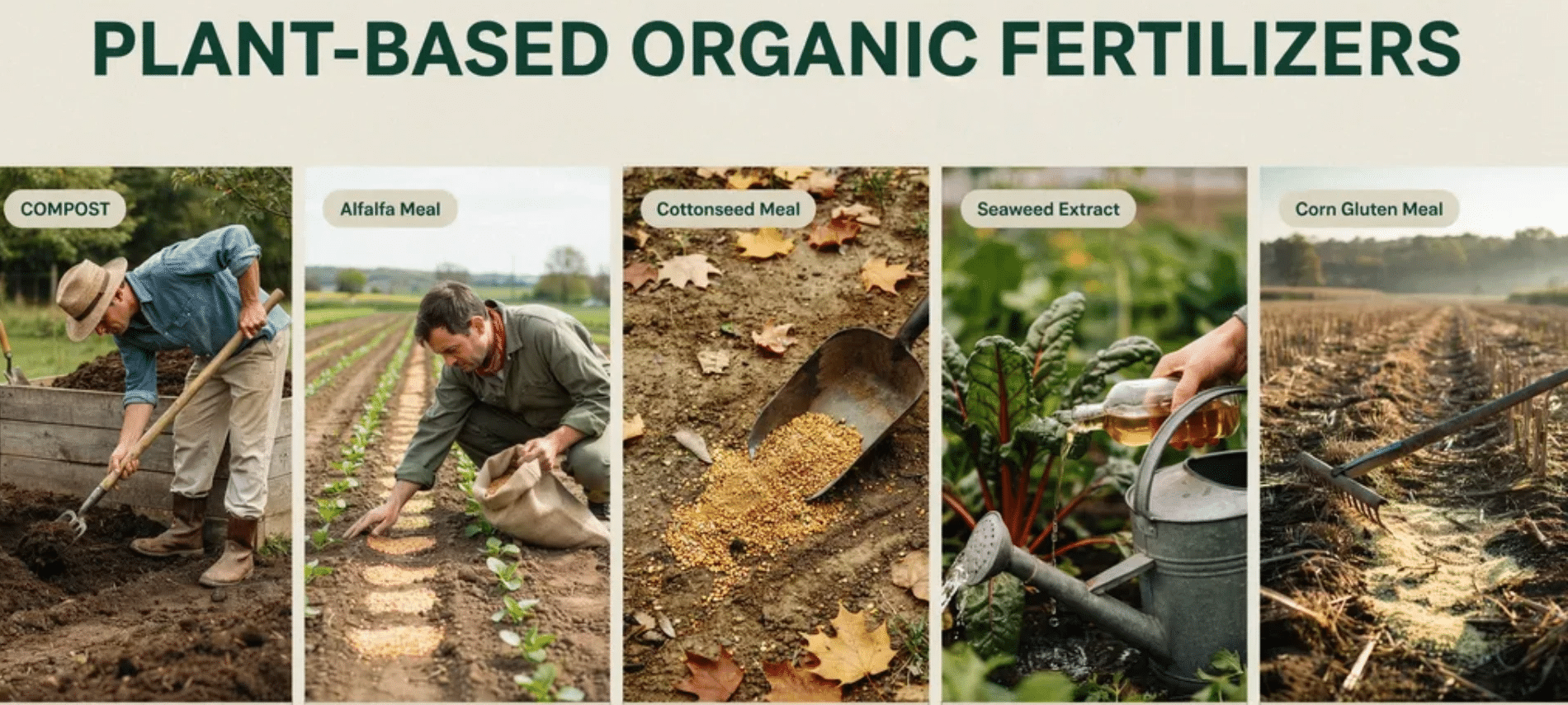 Plant-based organic fertilizers like compost, alfalfa meal, cottonseed meal, seaweed extract, and corn gluten meal applied to garden soil.