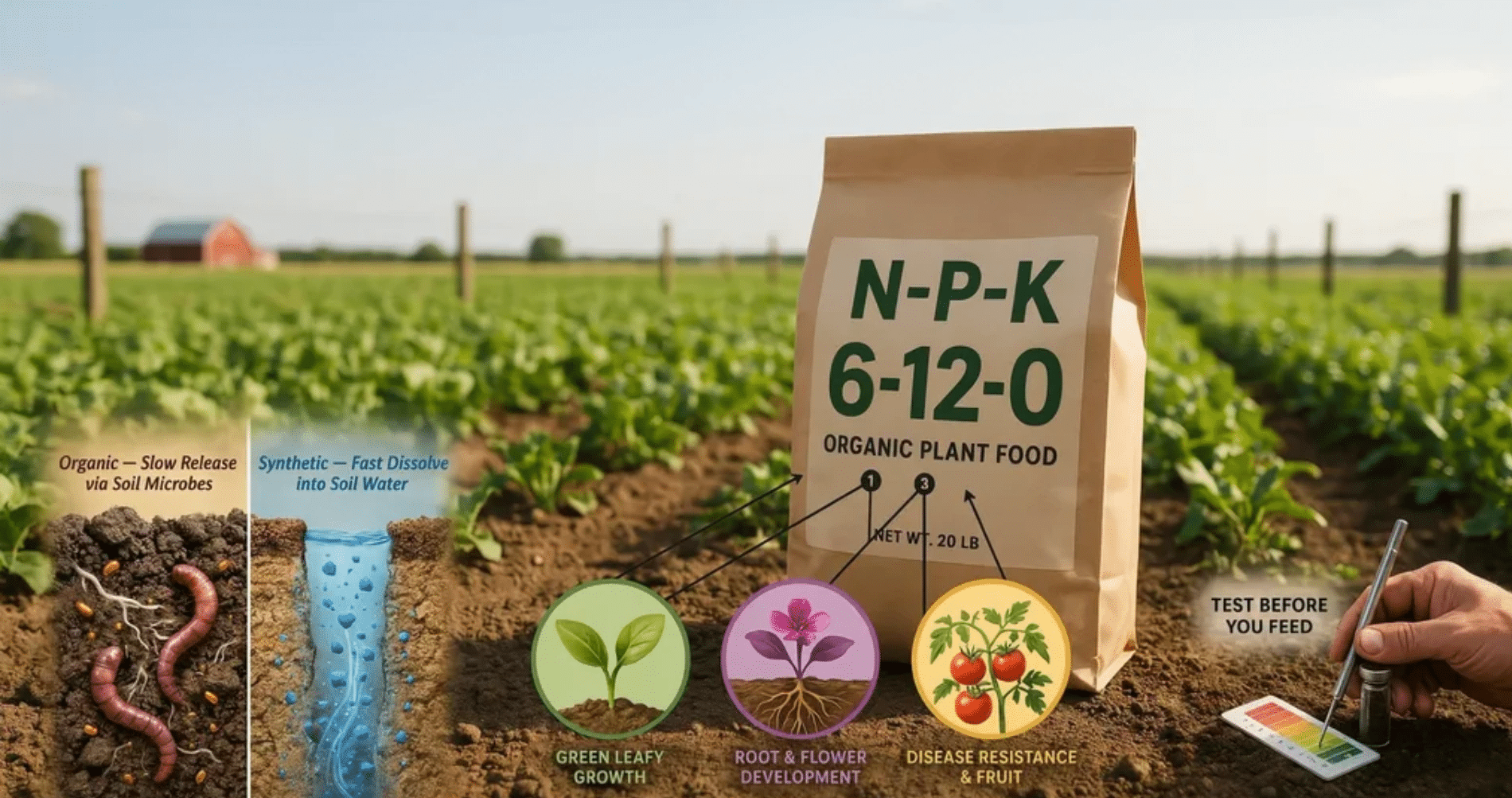 Organic fertilizer label N-P-K 6-12-0 illustrating nutrient effects for leafy growth, root development, and fruiting with soil testing.