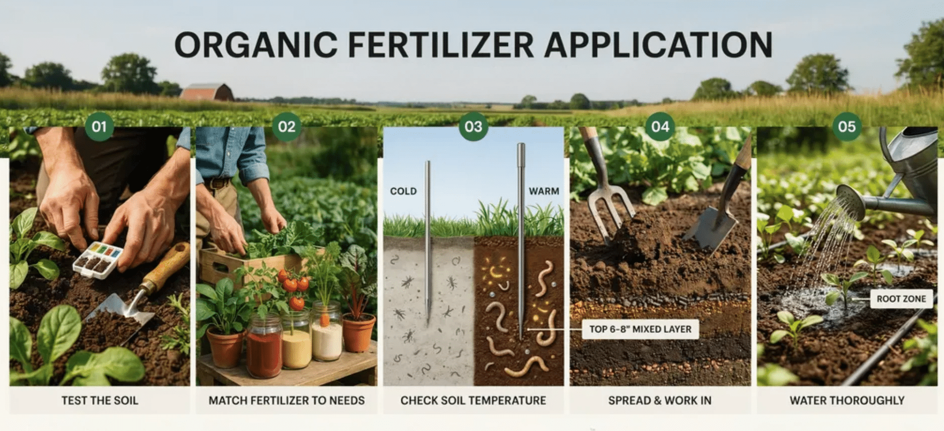Step-by-step guide showing soil testing, matching fertilizer, checking temperature, spreading fertilizer, and watering plants.