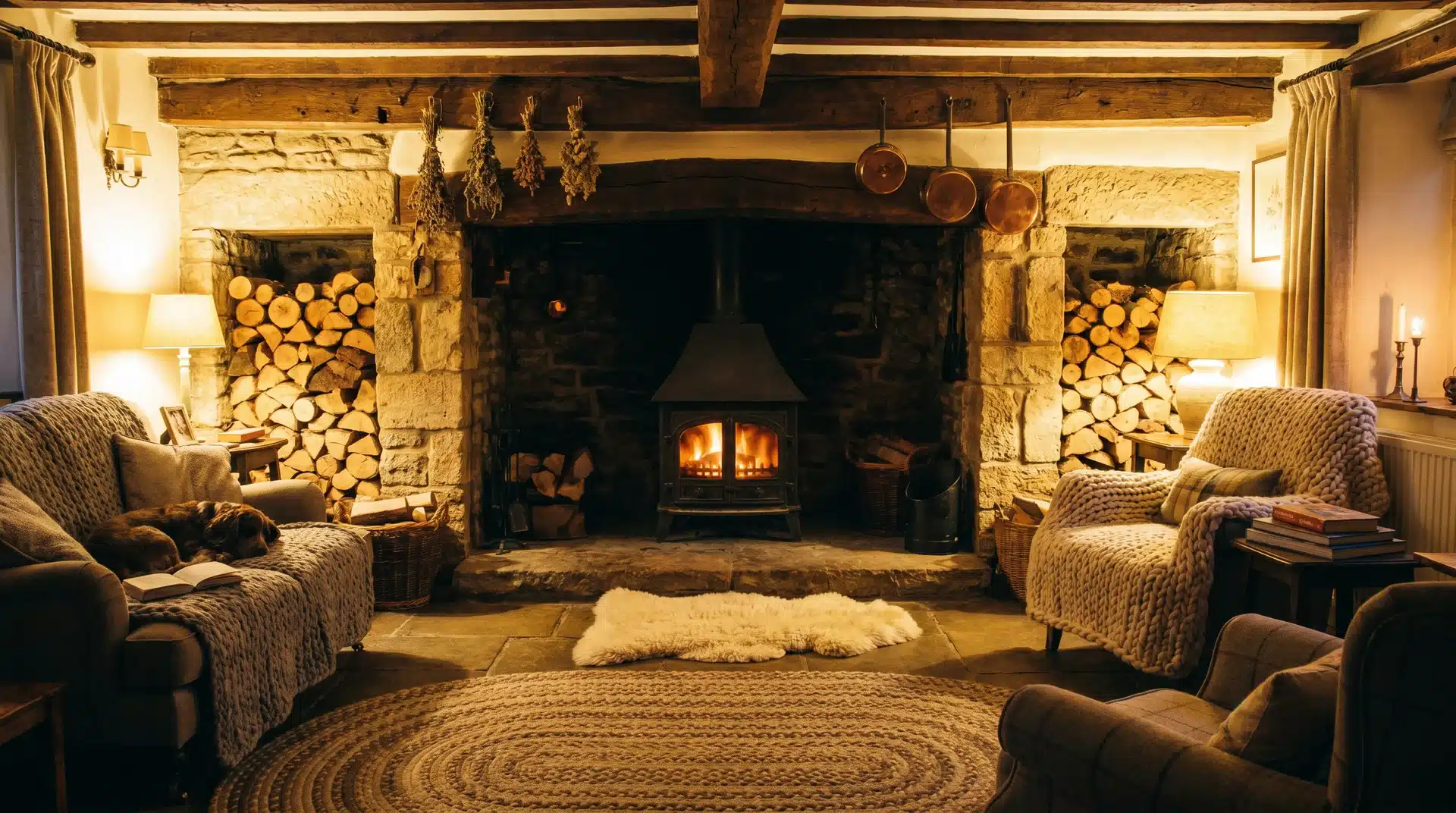 Log burner in inglenook with built-in log storage, cozy cottage-style room.