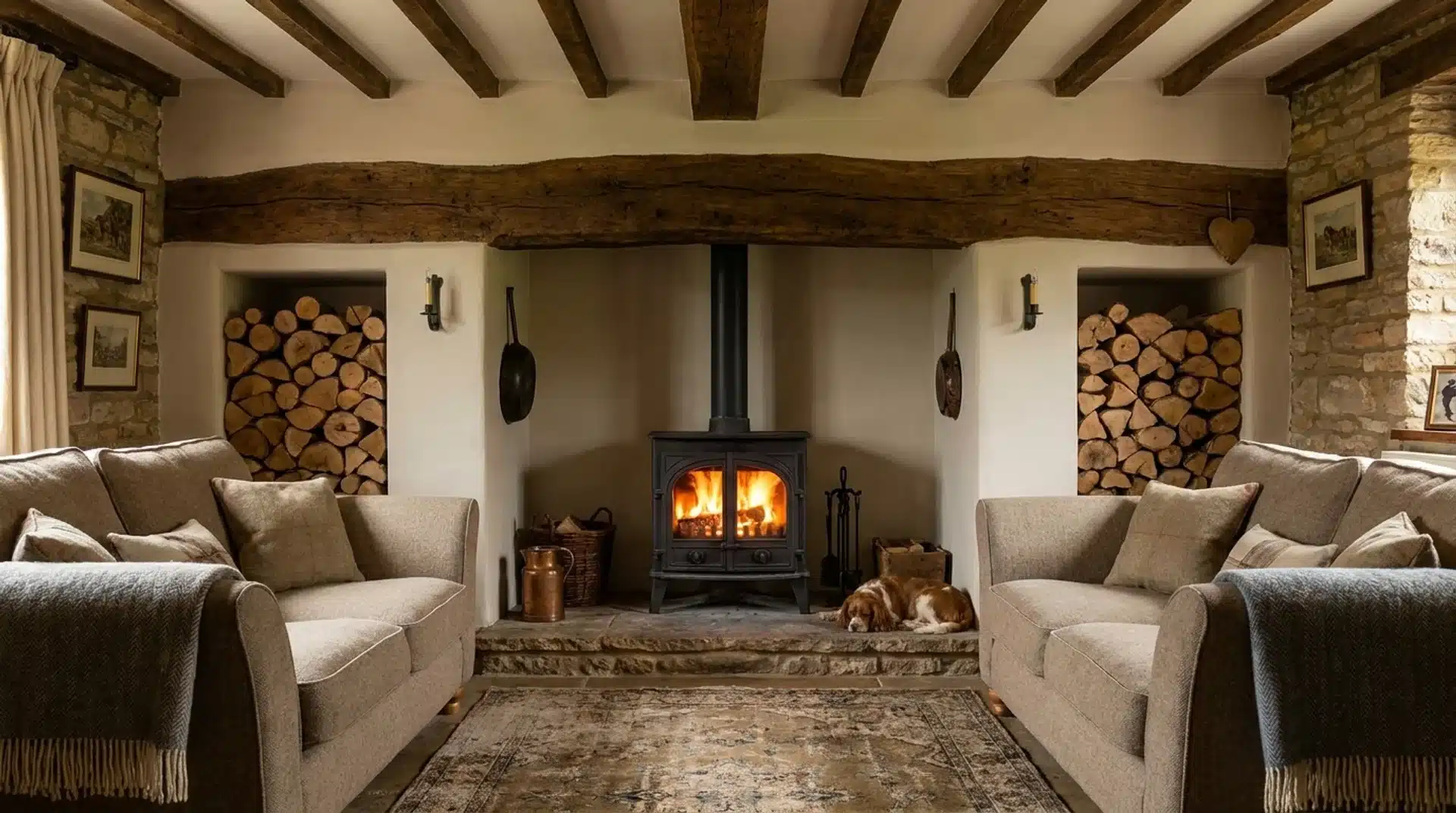Traditional inglenook living room with log burner and built-in wood storage
