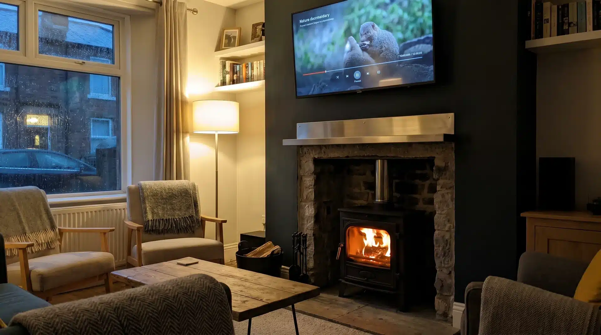 Inset wood-burning stove with stainless steel heat deflector shelf and TV mounted above in a media wall