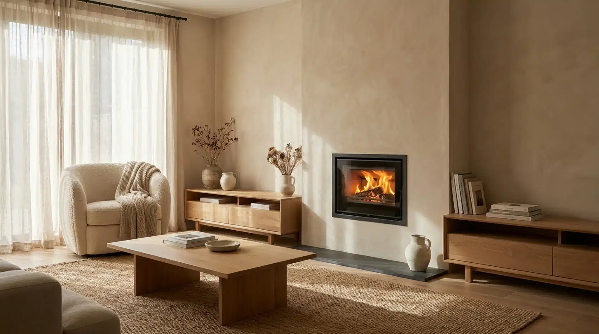 Clean Japandi living room with a minimalist inset log burner and plaster finish.