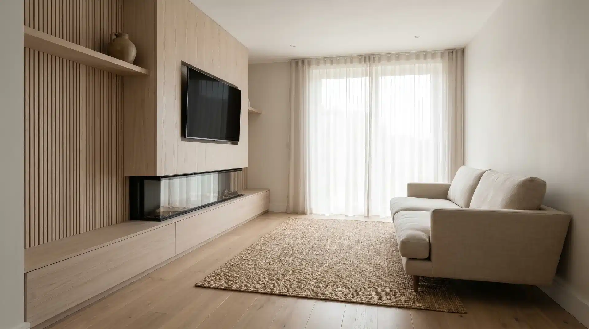 Japandi-style media wall with light ash slats, minimal fire, and single floating shelf in a UK living room