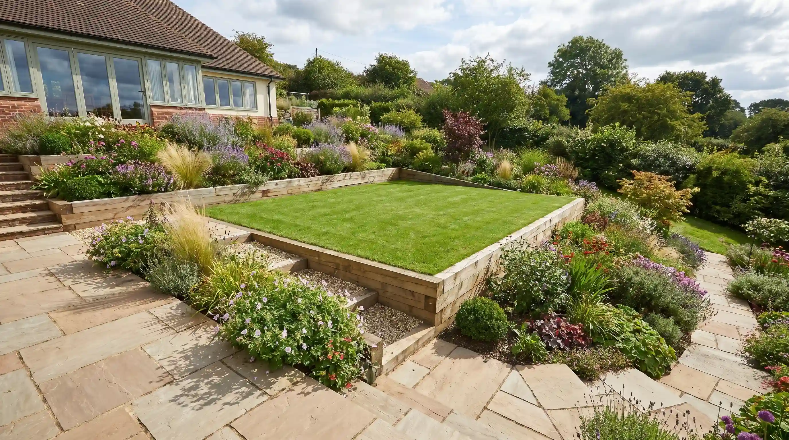 Raised lawn panel in a downward sloping garden with stone steps and colorful flowers lining the terraces.
