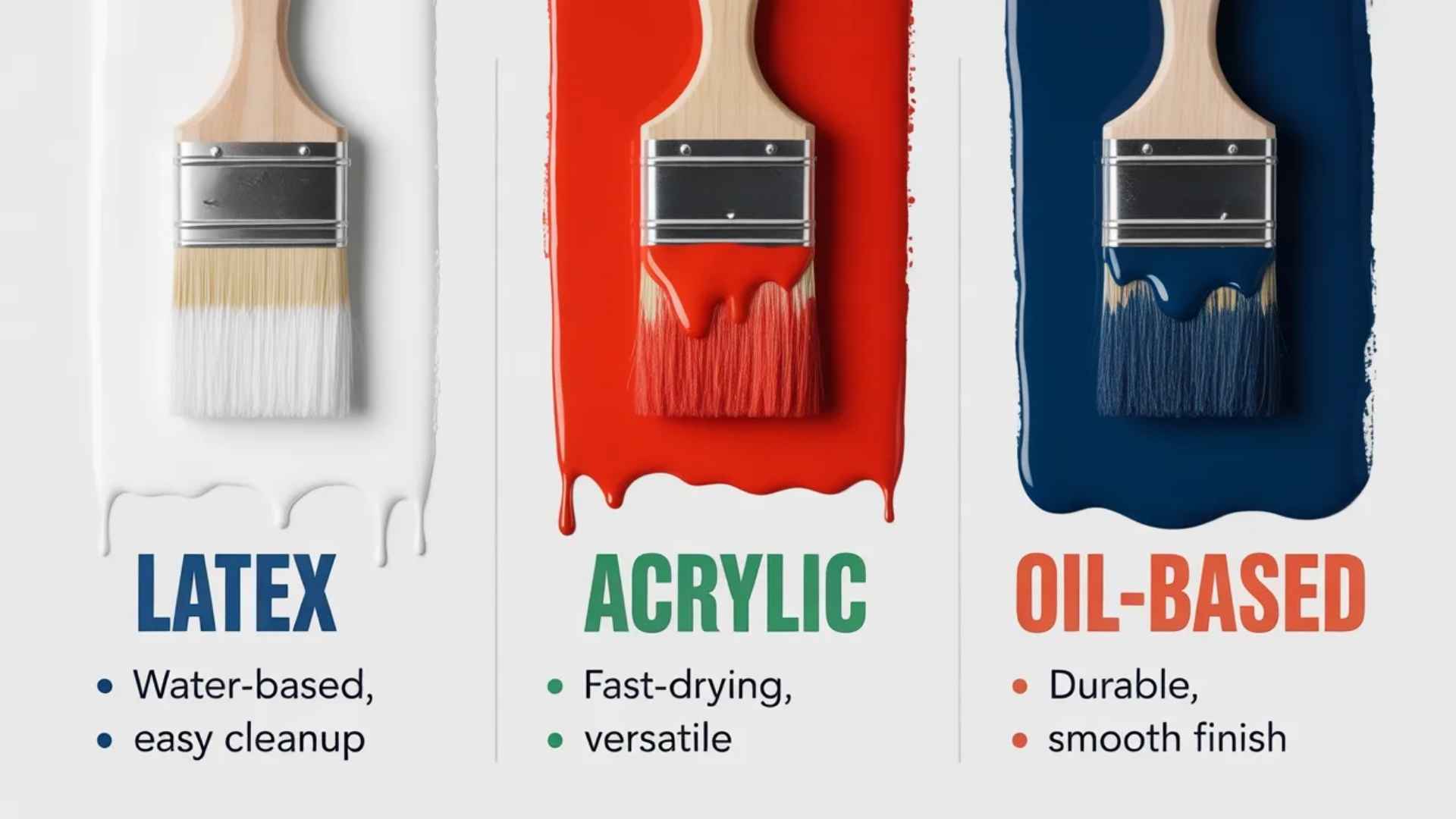 Comparison of latex, acrylic, and oil-based paints with paintbrushes showing white, red, and blue paint, highlighting features like water-based cleanup, fast drying, and durable smooth finish.