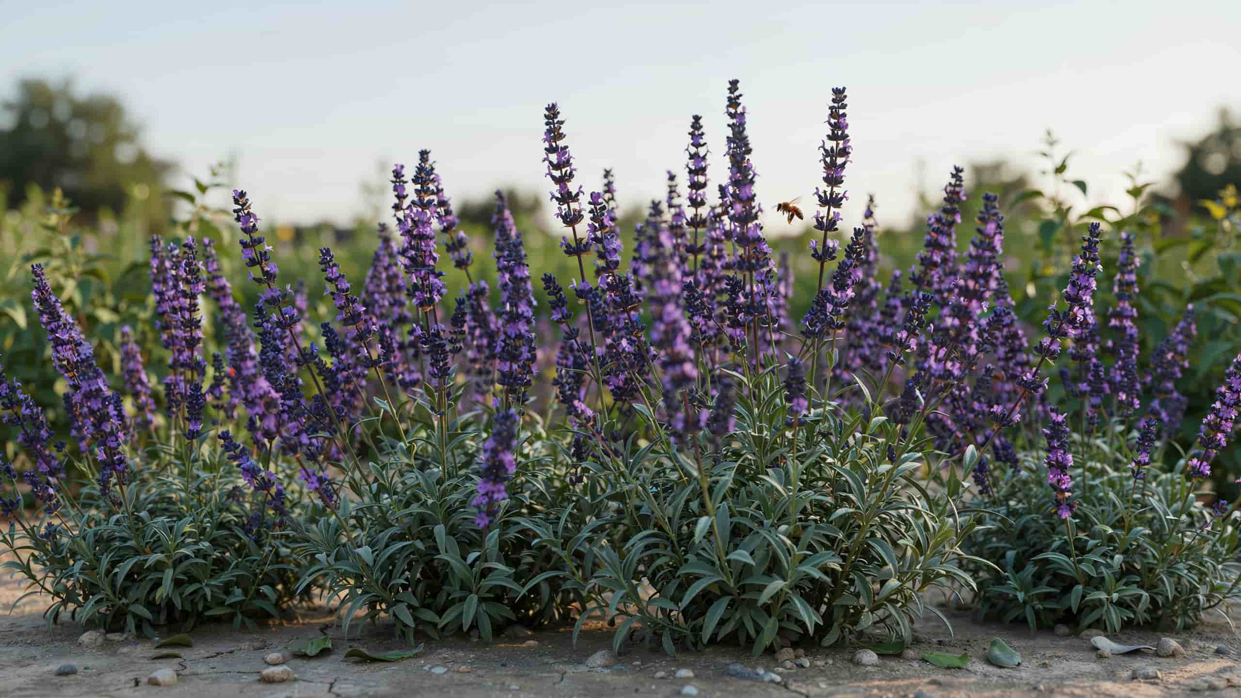 A large mature Lavandin plant with tall branched violet spikes and silver foliage showing types of lavender plants.