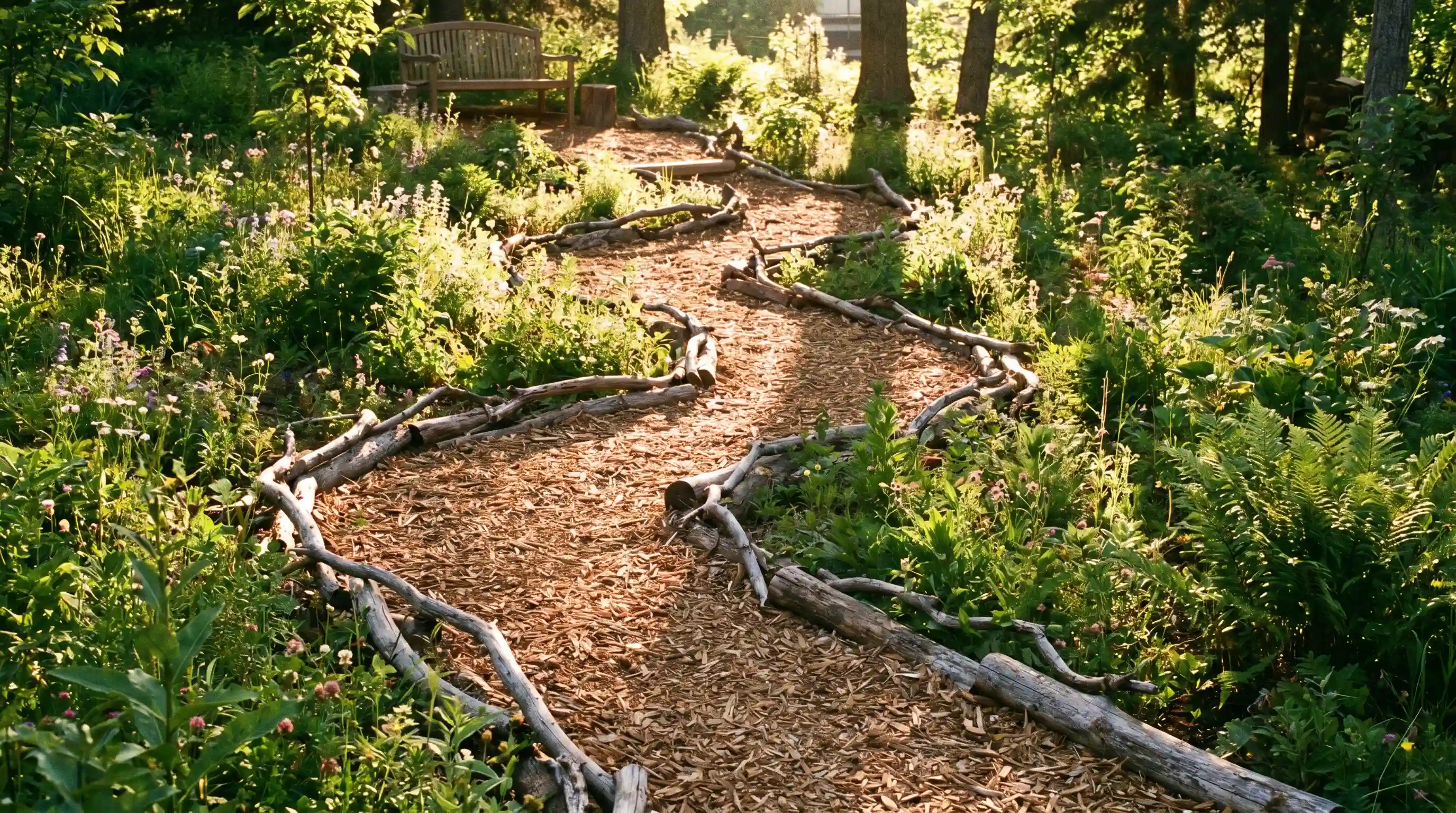 Mulch switchback path on a backyard slope, edged with branches for walking and erosion control, showing slope garden ideas.