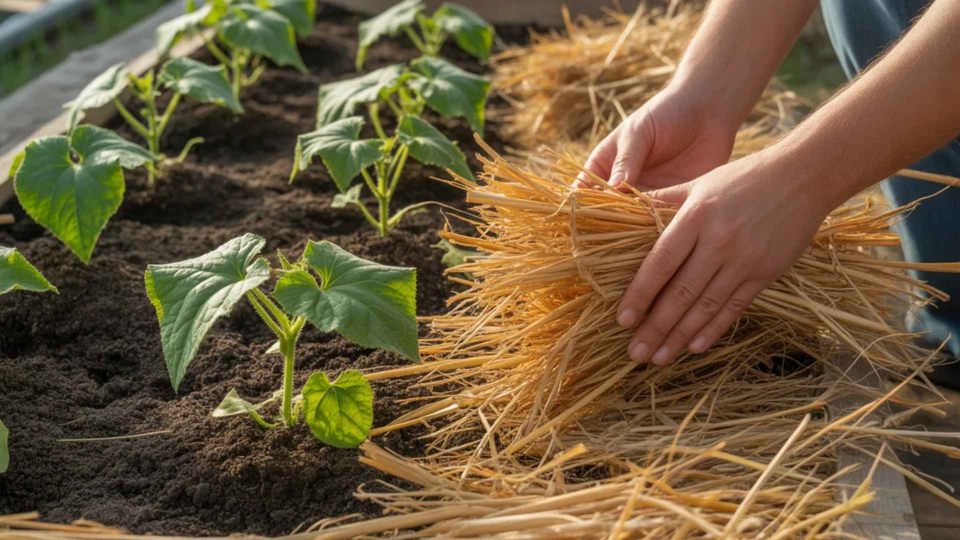 A person is placing a bundle of straw mulch around young cucumber plants growing in garden soil.