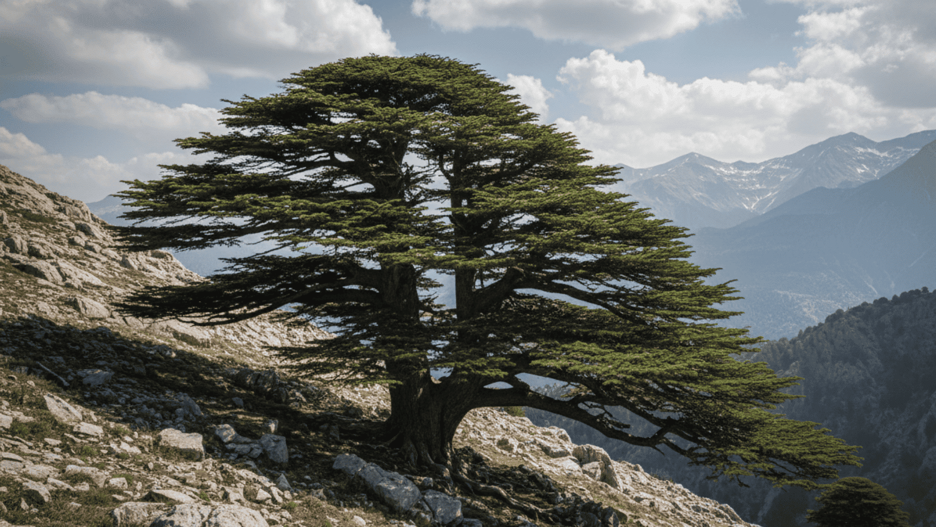 Lebanese cedar tree growing on a rocky mountainside with layered branches and distant mountain peaks.