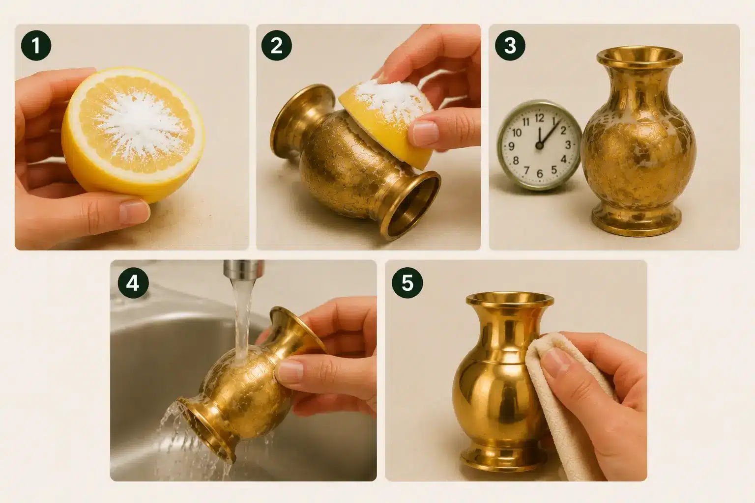 Illustration of cleaning brass with lemon and baking soda: sprinkle soda on cut lemon, rub on tarnished brass, rest, rinse, dry to restore shine.