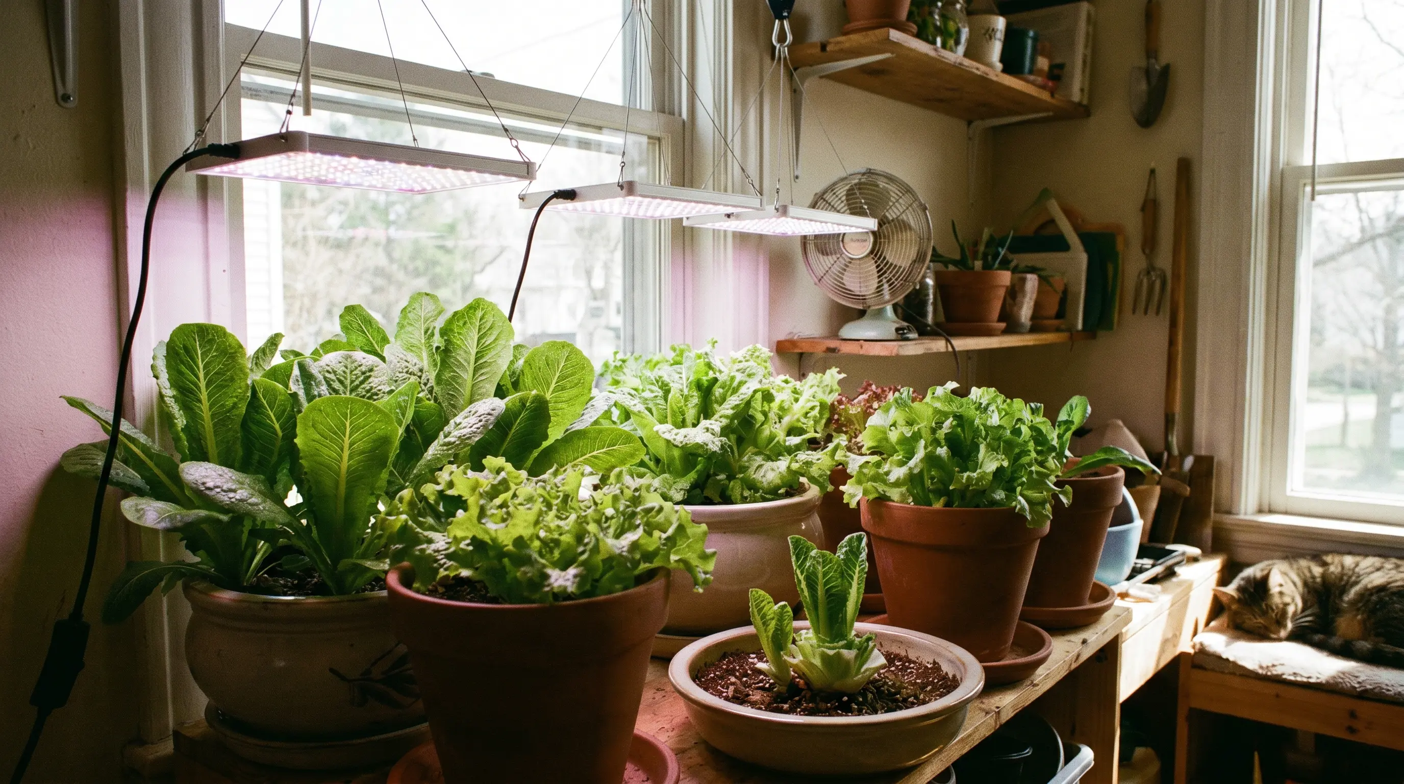 Several containers of lettuce growing indoors on shelves and a windowsill, under full-spectrum LED grow lights. A small oscillating fan is gently circulating air, and the lettuce appears healthy and compact.