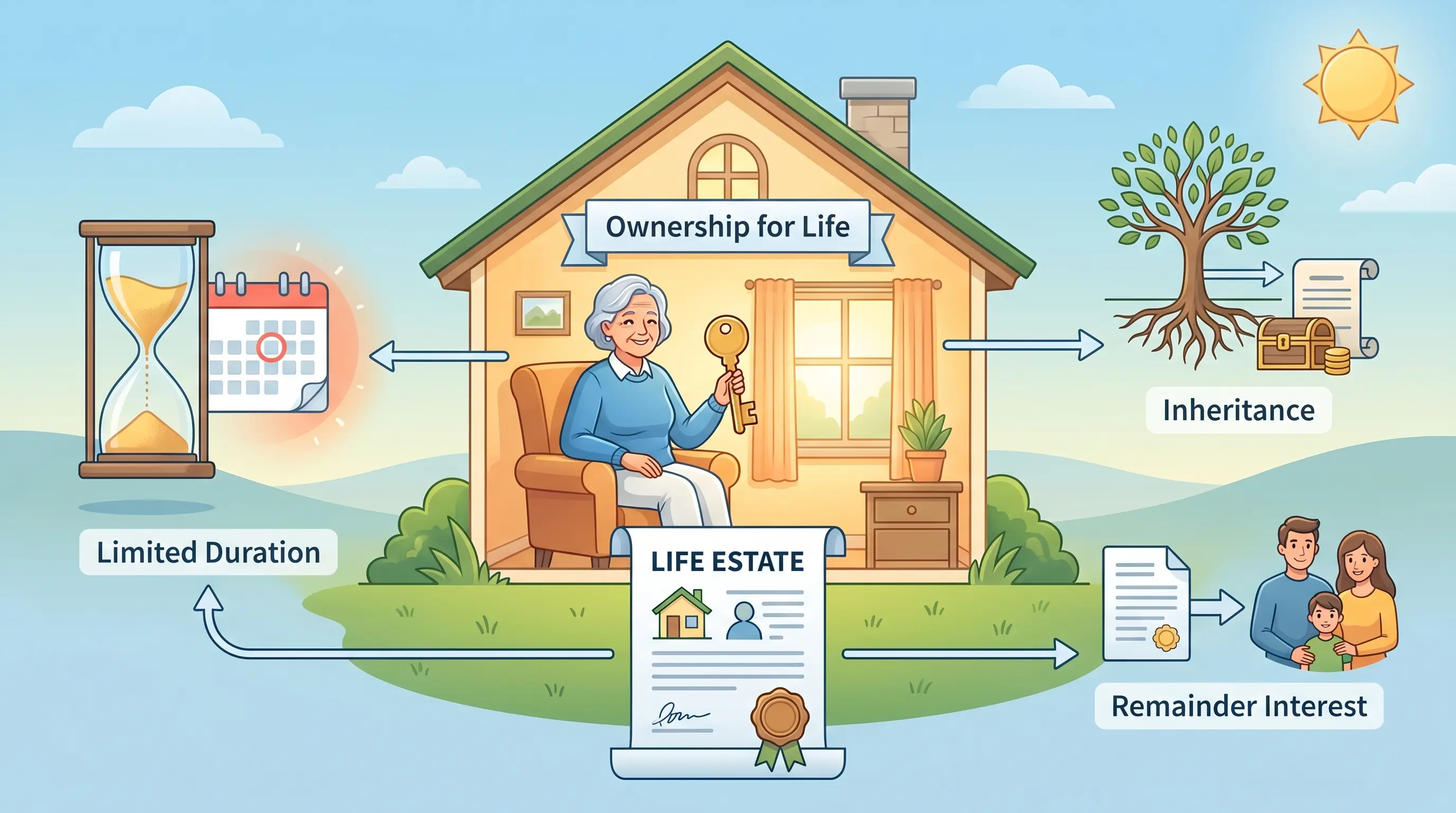 Illustration of a person holding a key to a house with a deed, symbolizing Life Estate ownership limited to the duration of the owner’s lifetime.