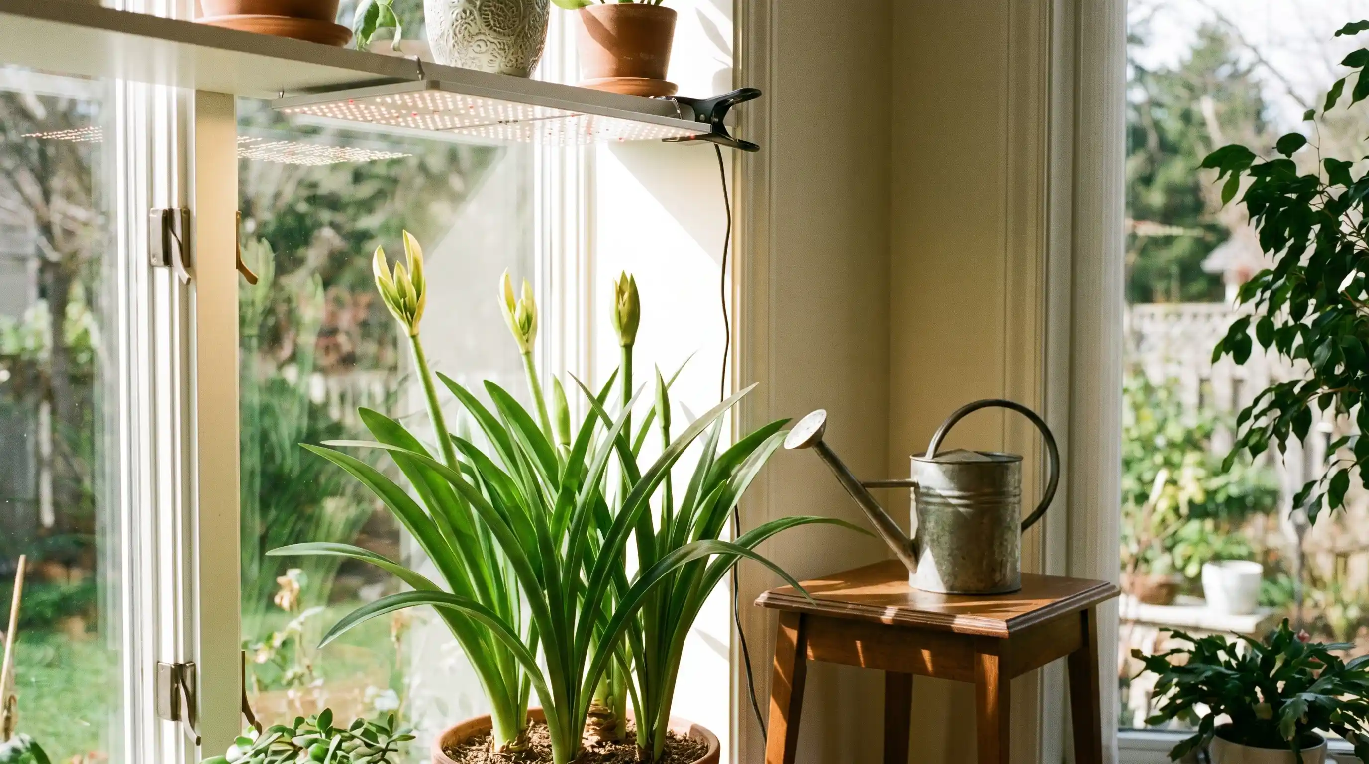 Amaryllis placed on a sunny windowsill with a grow light, highlighting indoor light conditions for amaryllis care.
