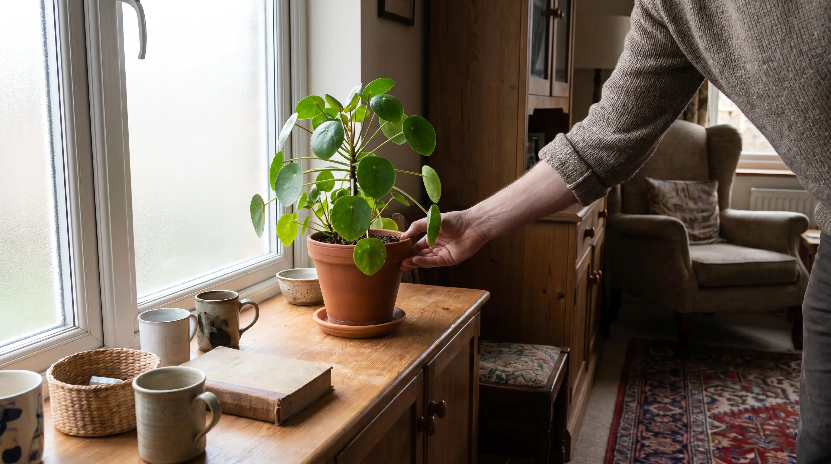 A Chinese Money Plant on a north-facing windowsill with soft filtered sunlight; a person gently rotating the pot to ensure even light distribution.
