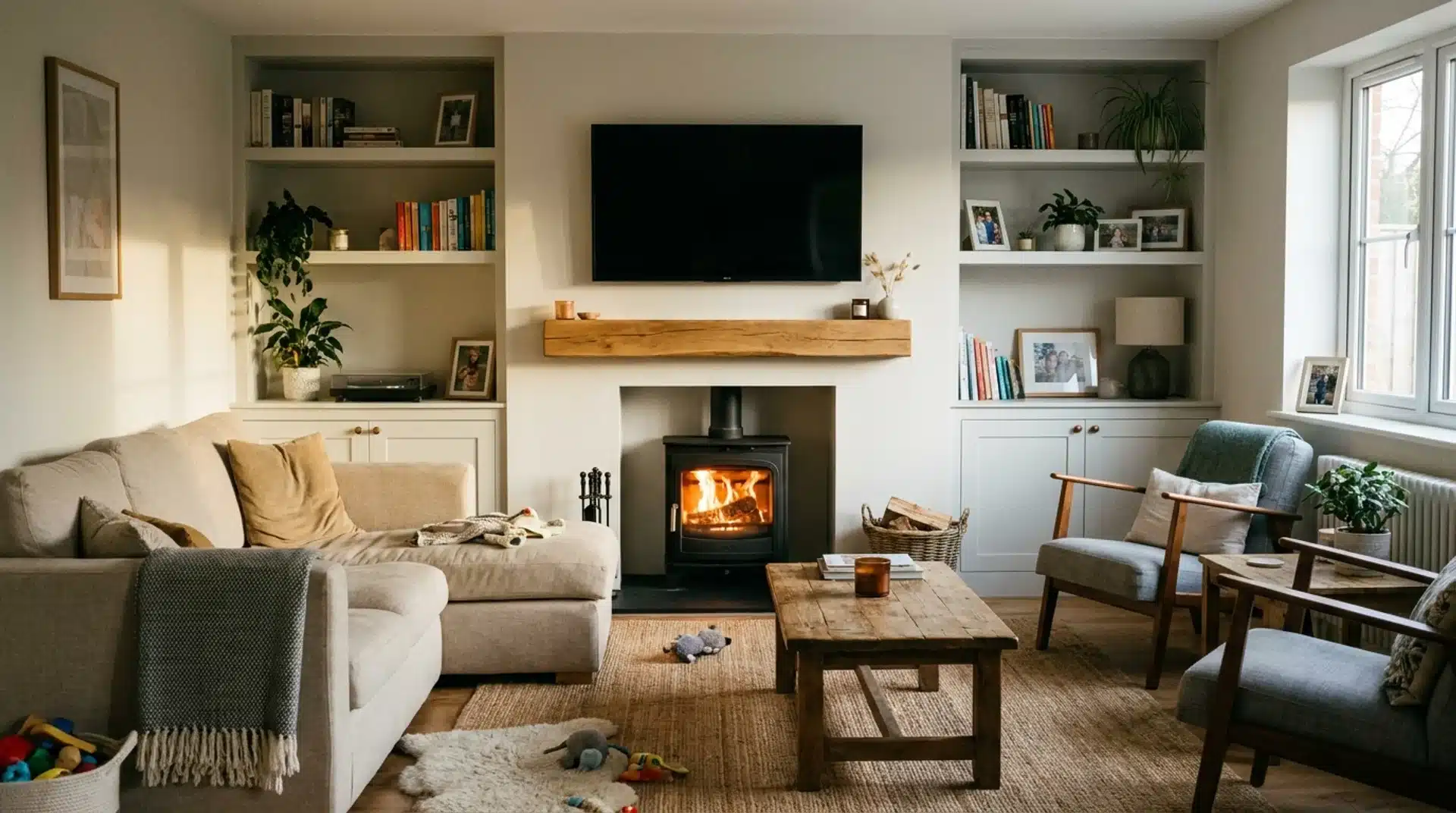 Modern living room with log burner below TV and built-in alcove storage wall.