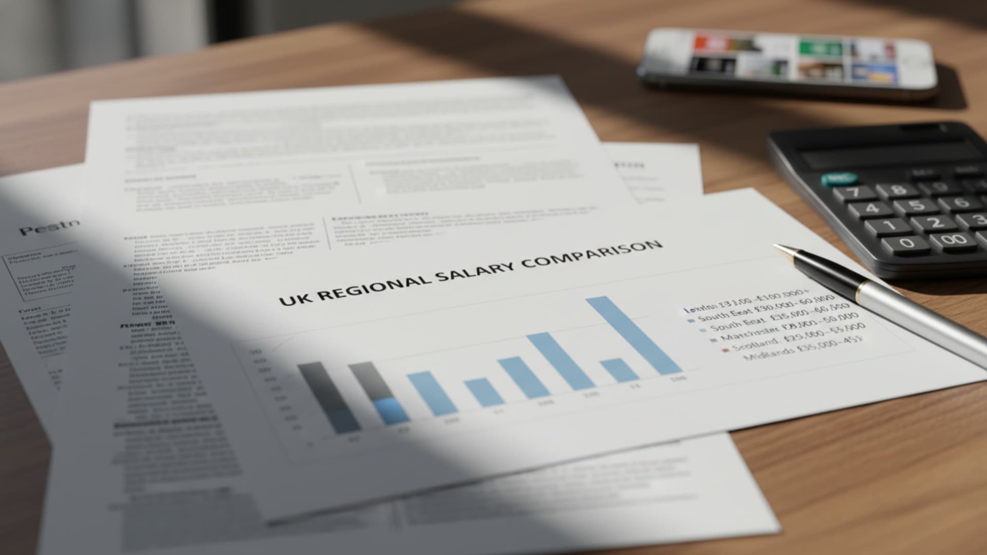Printed UK regional salary comparison report with bar chart on desk beside calculator, pen, and smartphone.