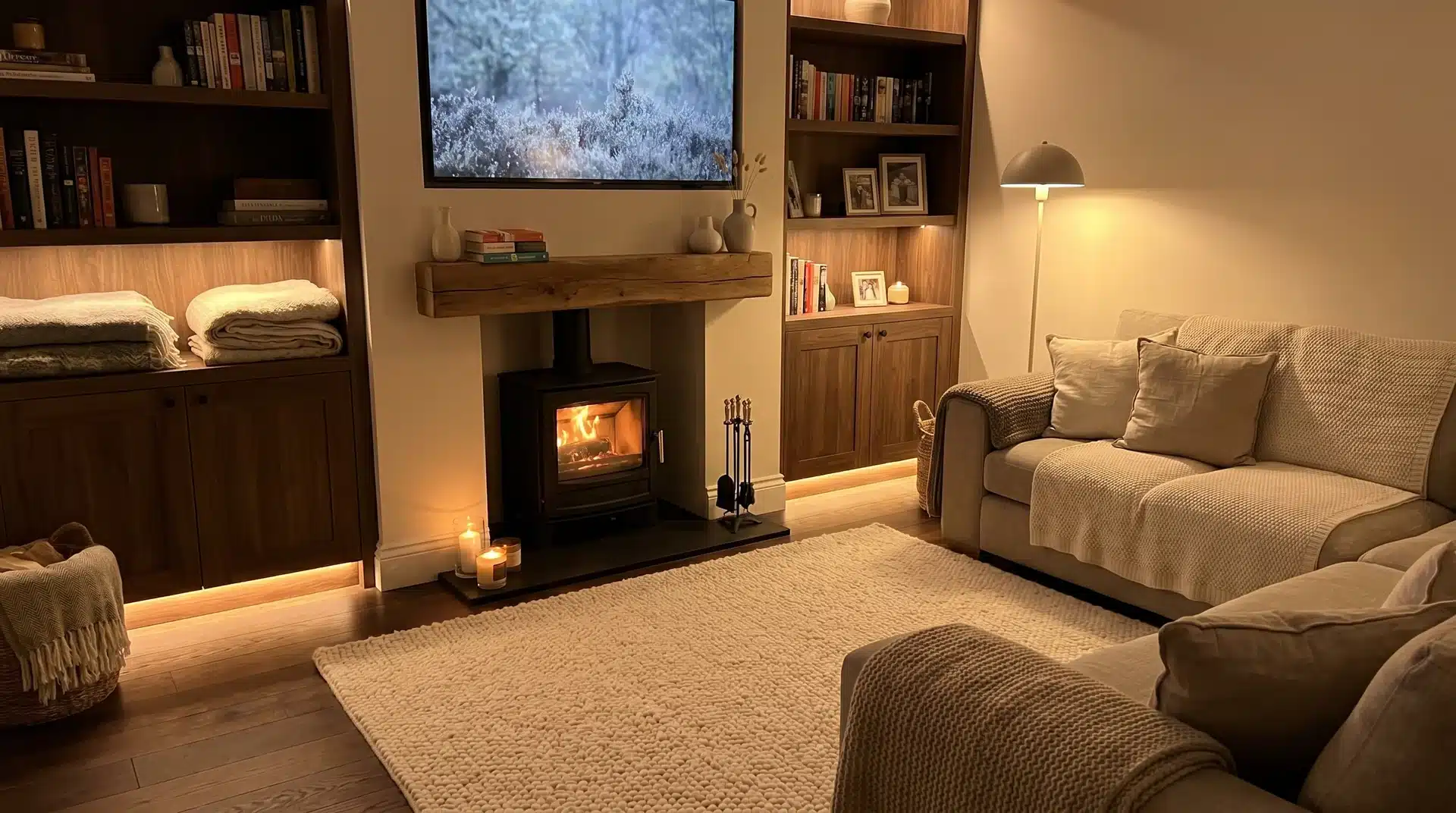 Log burner under floating shelf with TV above, cozy modern living room with alcove storage.