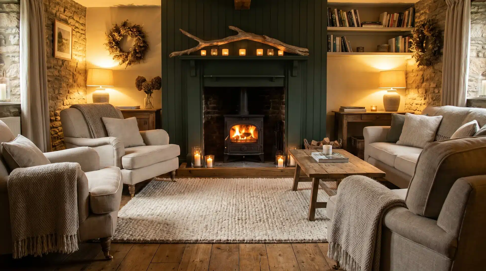 Cozy living room with deep green painted wood surround log burner, warm fire, low mantel décor with driftwood and candles, inviting atmosphere.