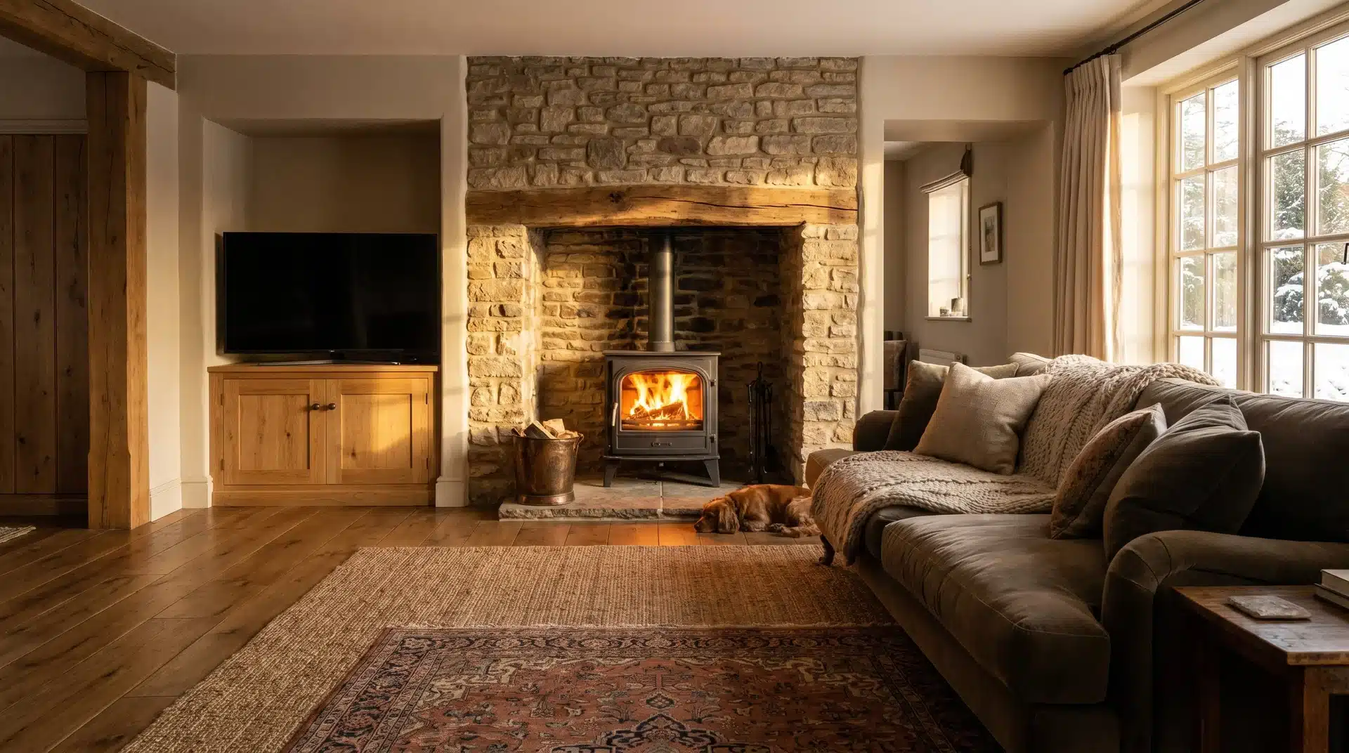 Log burner in central alcove with TV in side alcove, warm cozy living room.