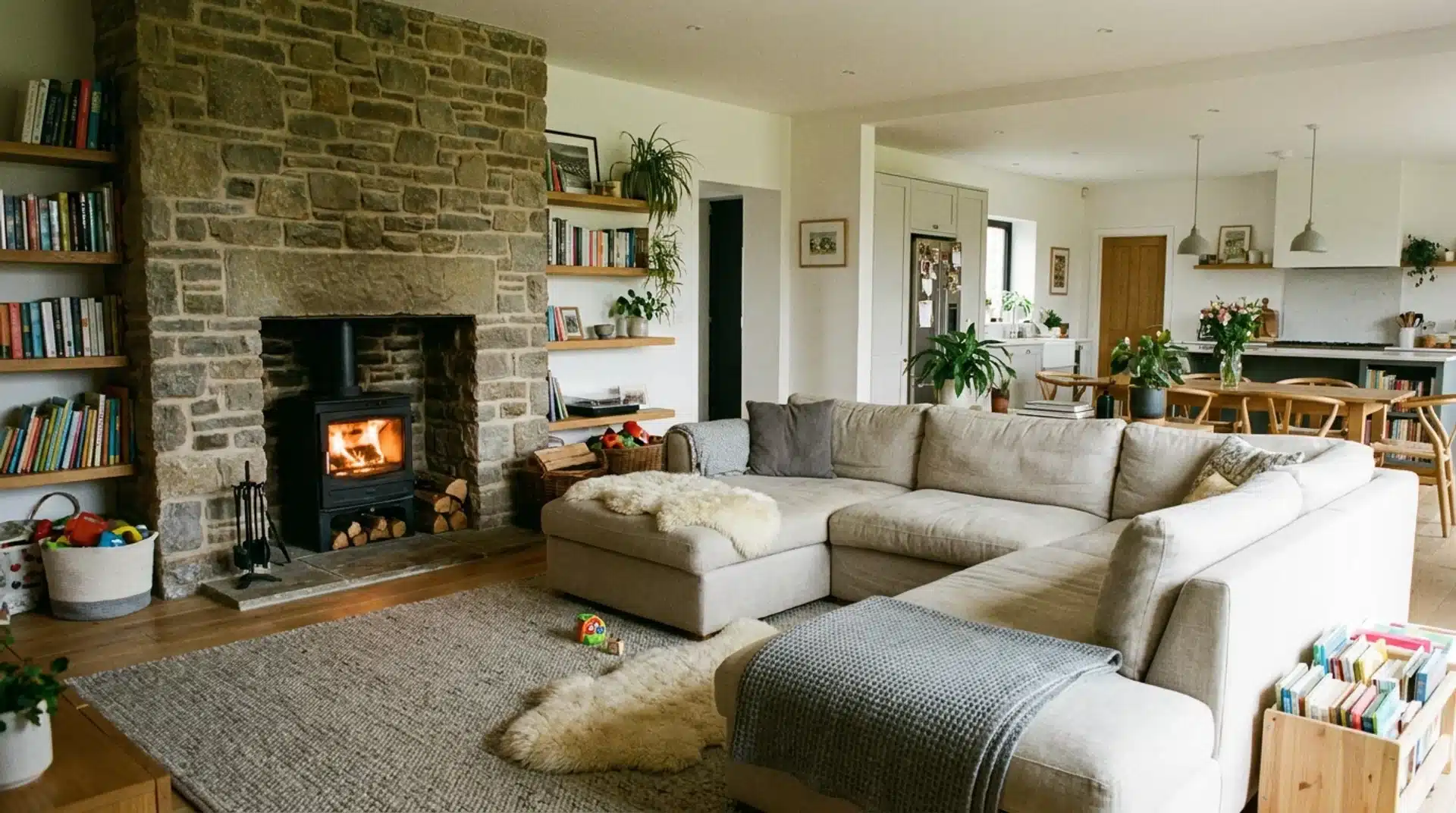 Open-plan living room with log burner creating cozy seating zone design.