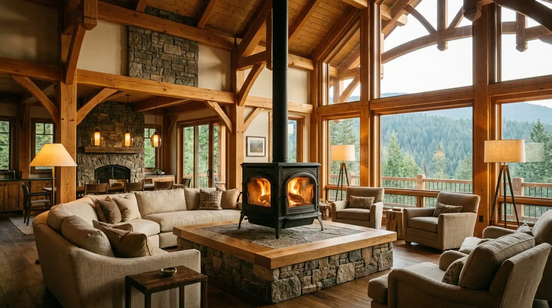 Open-plan living room with central freestanding log burner on island hearth.