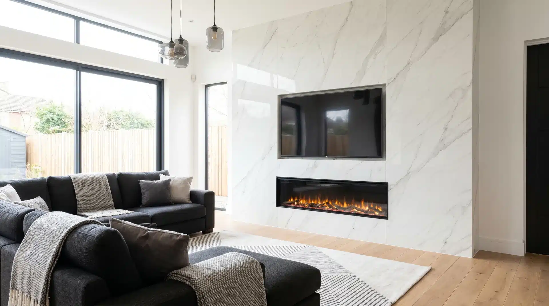 Full-height marble-effect porcelain slab media wall with TV and linear electric fire in a UK living room