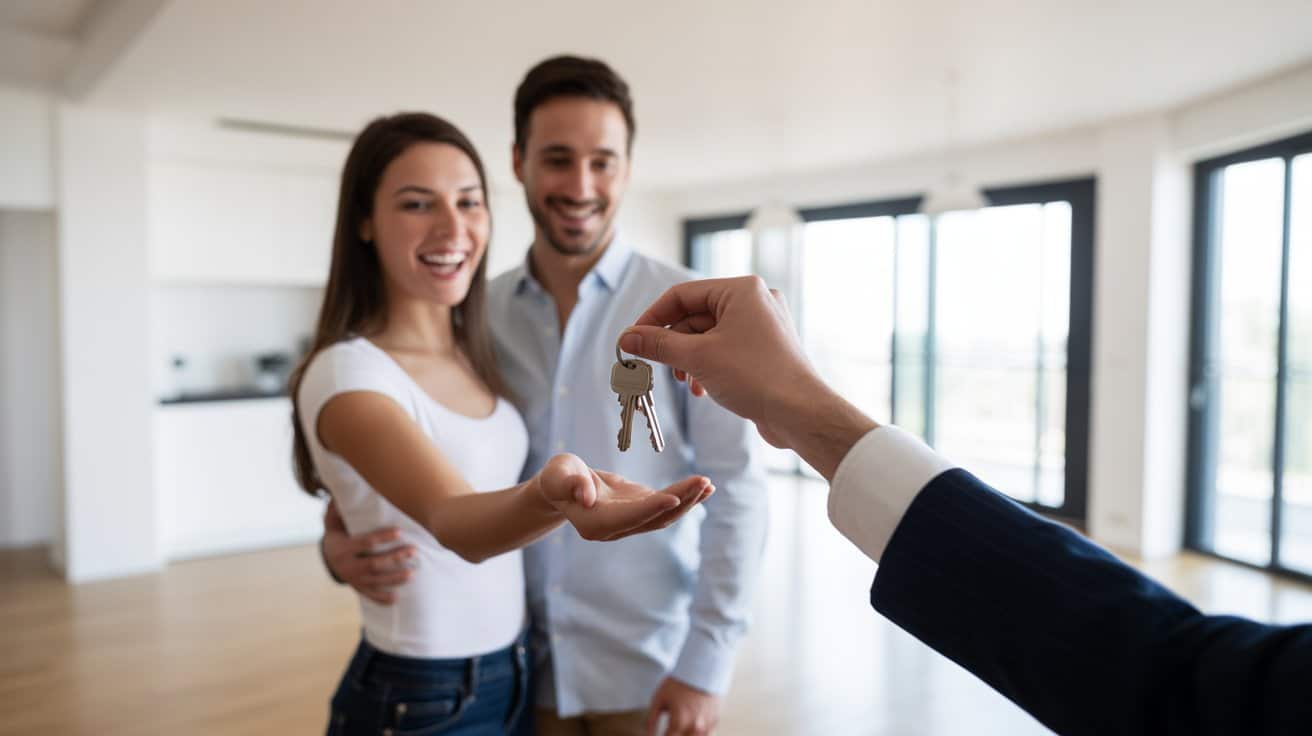 real-estate-agent-handing-house-keys-to-a-smiling-couple-inside-a-bright-new-home-after-completing-a-property-purchase
