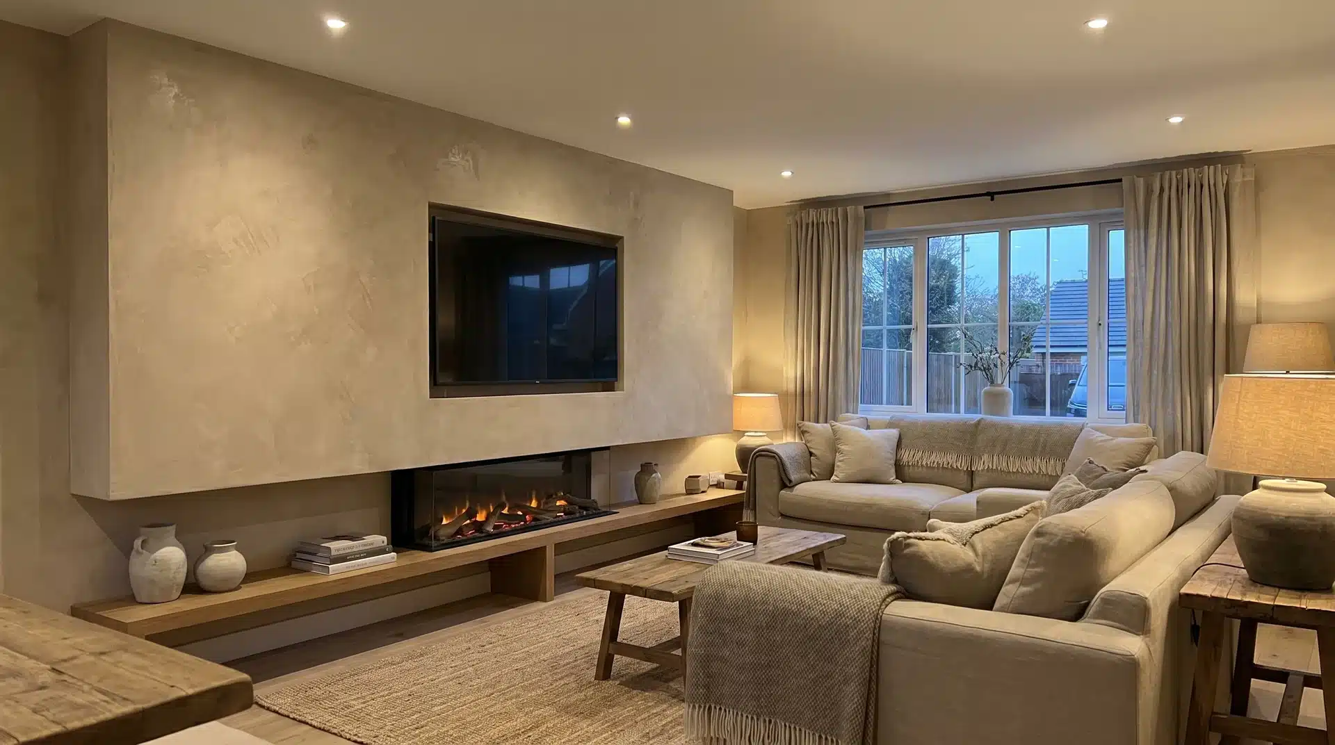Micro-cement plaster media wall in warm oatmeal tone with TV and linear fire in a living room
