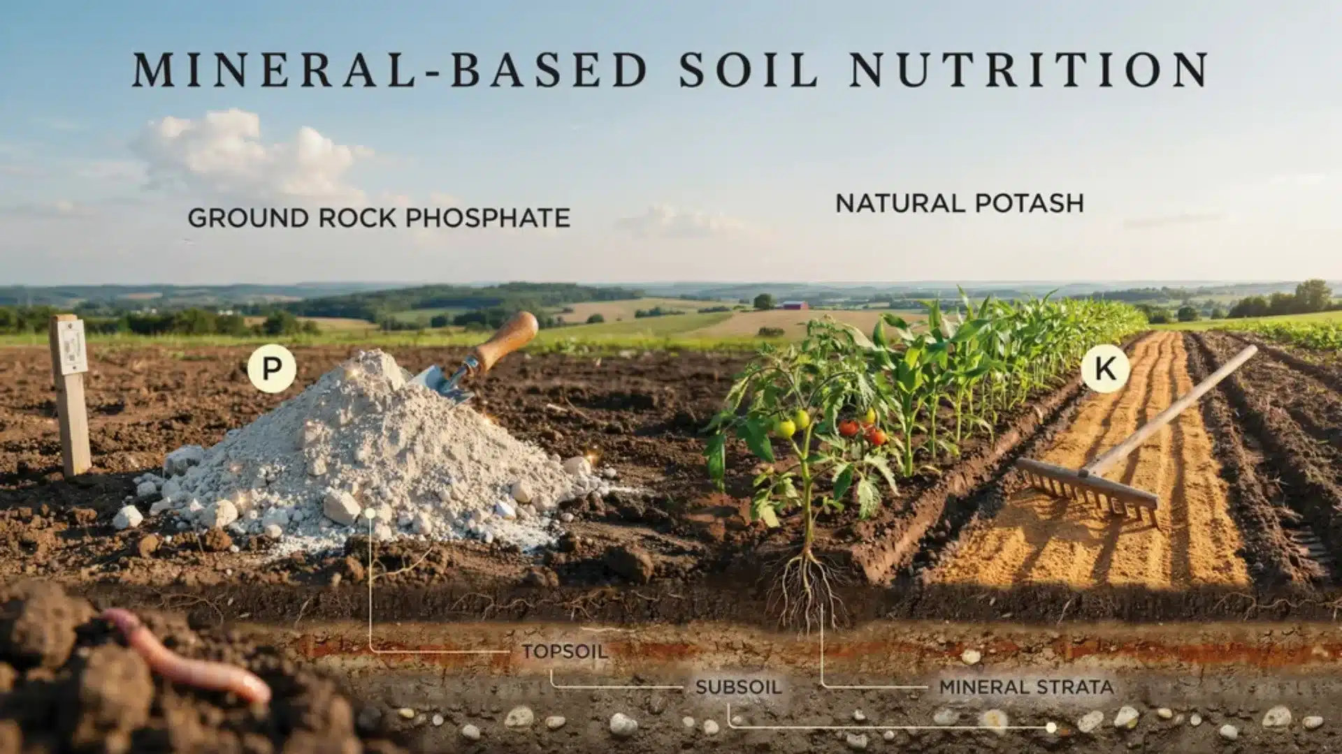 Mineral-based soil nutrition with ground rock phosphate and natural potash applied to topsoil for healthy vegetable growth.