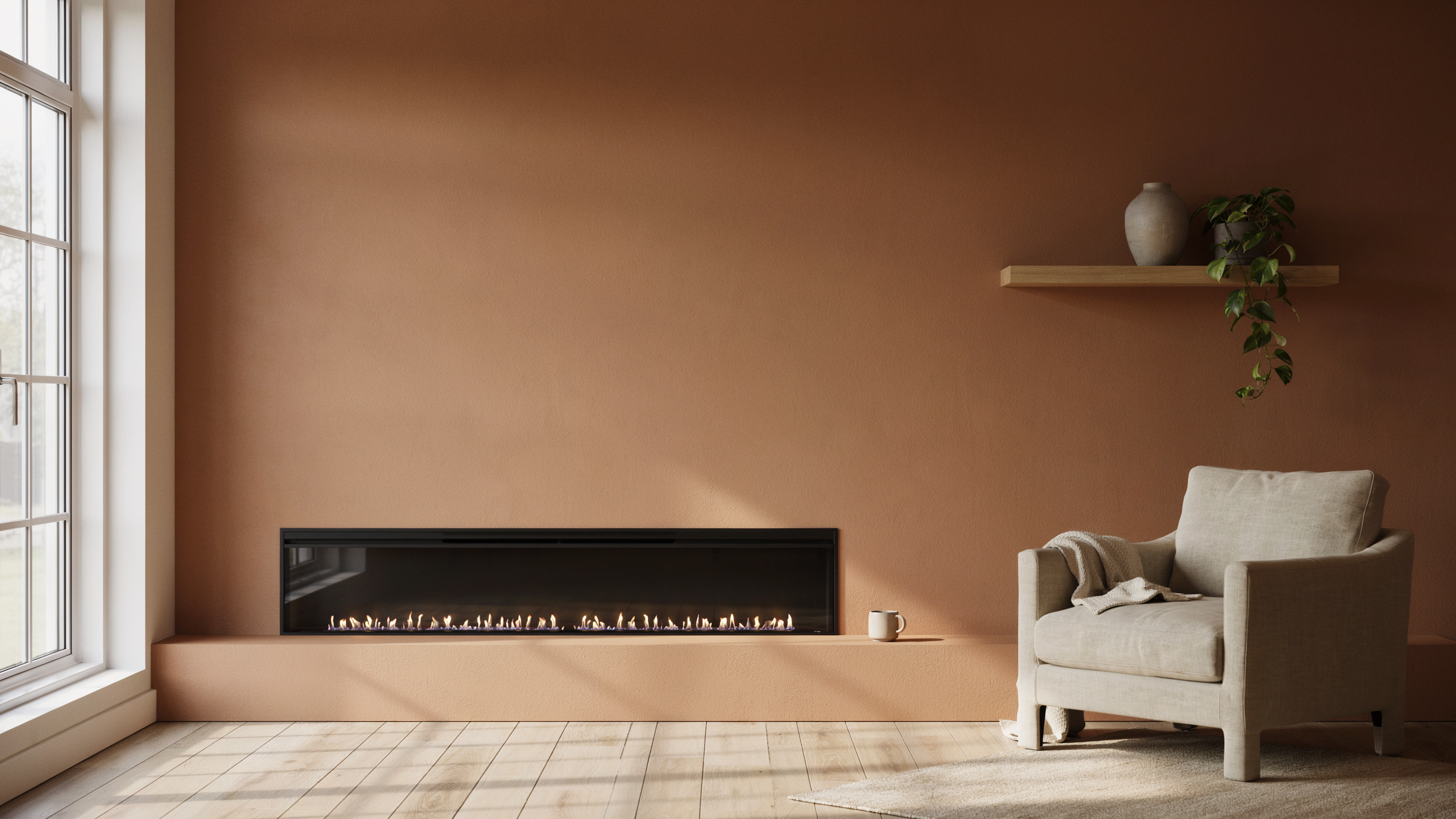 Minimalist fireplace-only feature wall with linear electric fire and single floating shelf in a living room