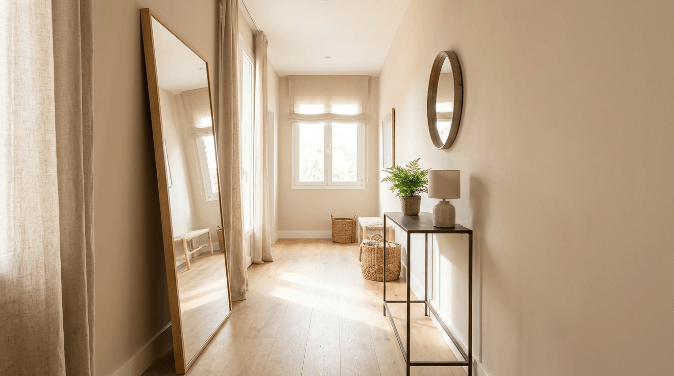 Hallway with full-length mirror reflecting window light, runner rug on floor, and small console table staged.