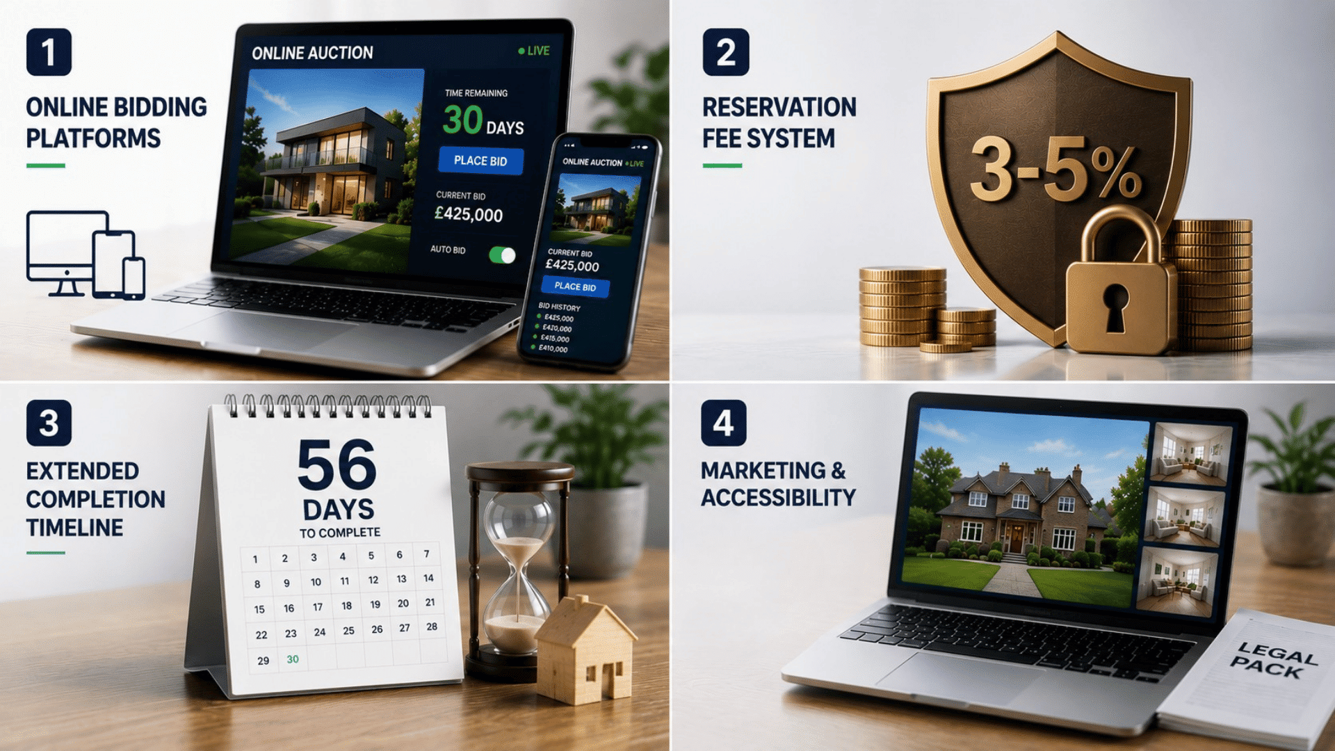 a collage showing features of modern auction