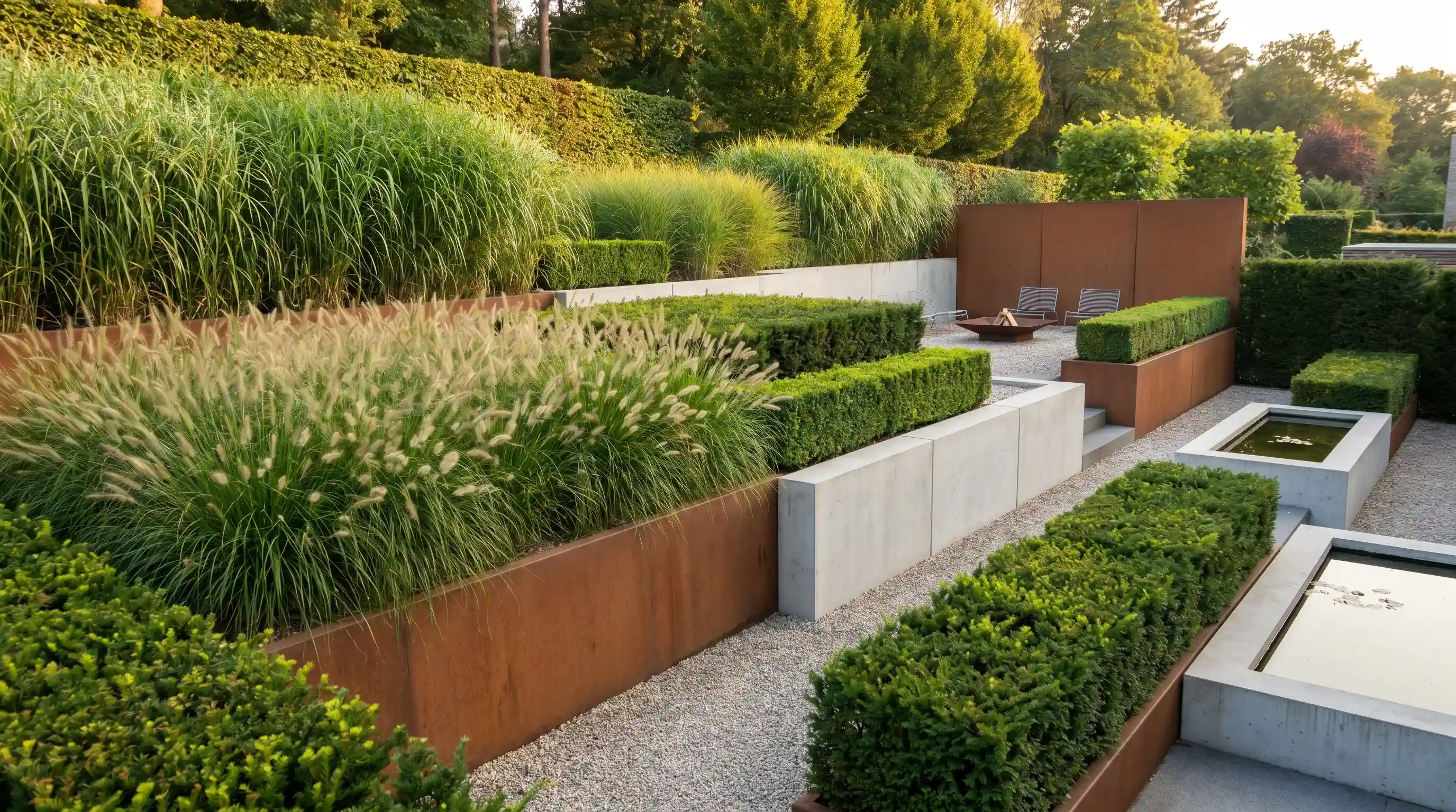 Sleek, modern tiered garden with clean steel or concrete edges, highlighting geometric planting beds and minimalistic design.