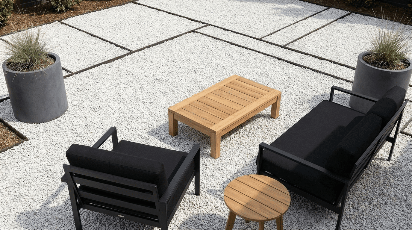 Clean geometric light gray gravel layout, low-profile black or wood furniture, two statement pots on perimeter, soft shadows