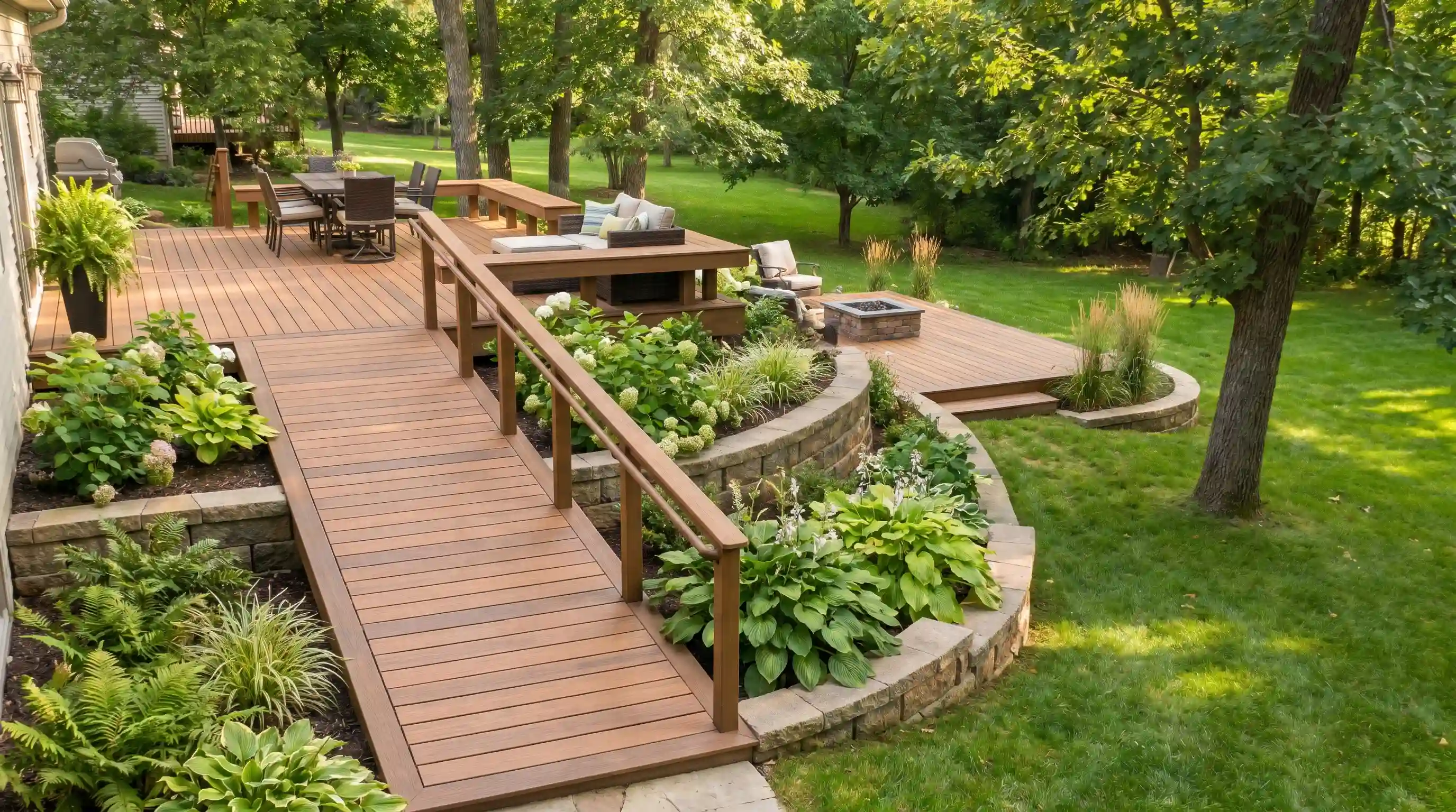 Multi-level wooden deck with planted tiers, featuring a dining area, lounge seating, and lush greenery surrounding the deck, perfect for tiered garden ideas.