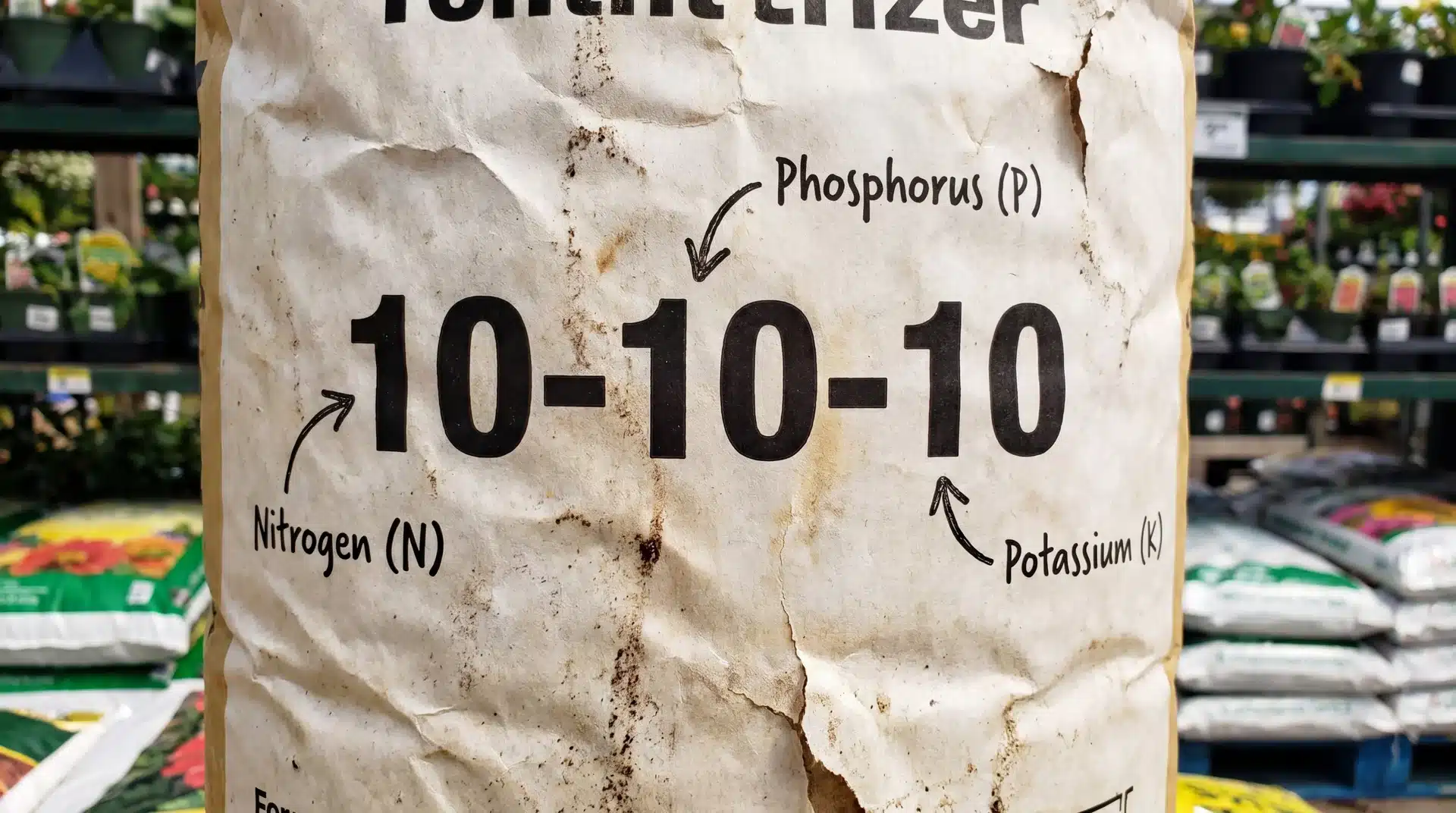 Close-up of a fertilizer bag showing the N-P-K ratio, highlighting key nutrients for optimal plant health.