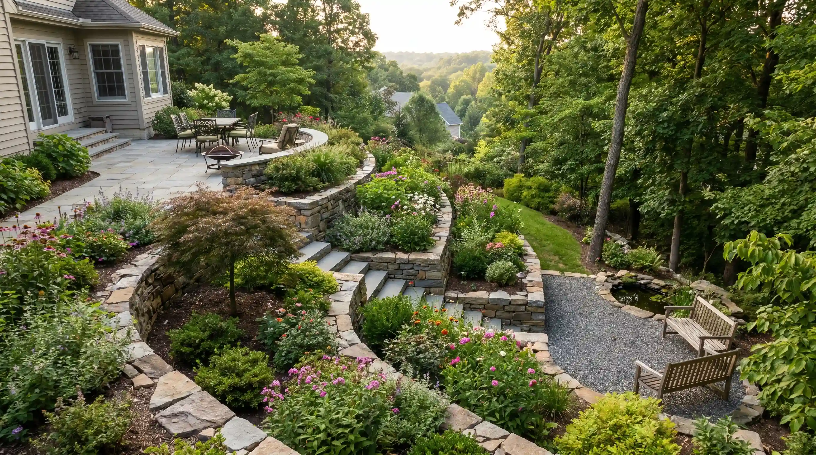 Downward sloping garden featuring a patio with seating and layered stone terraces surrounded by lush greenery.