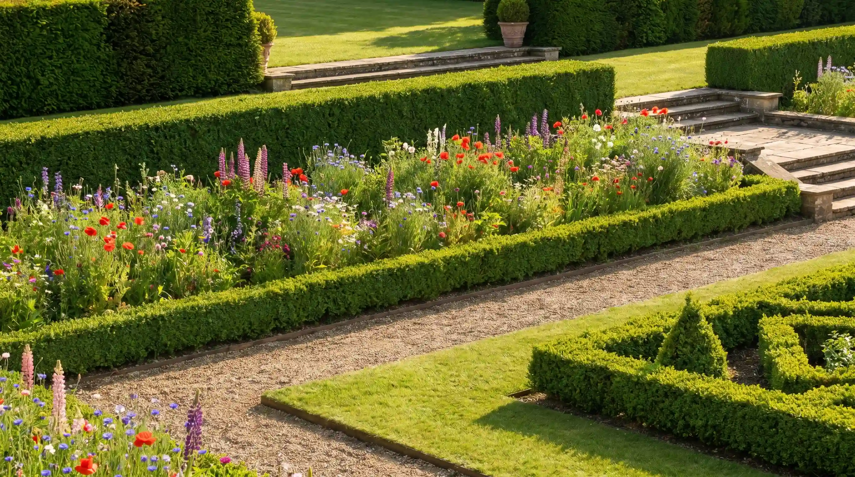 Natural meadow-style tier providing contrast to structured, manicured garden levels, with wildflowers and grasses creating a flowing, informal look, highlighting innovative tiered garden ideas.